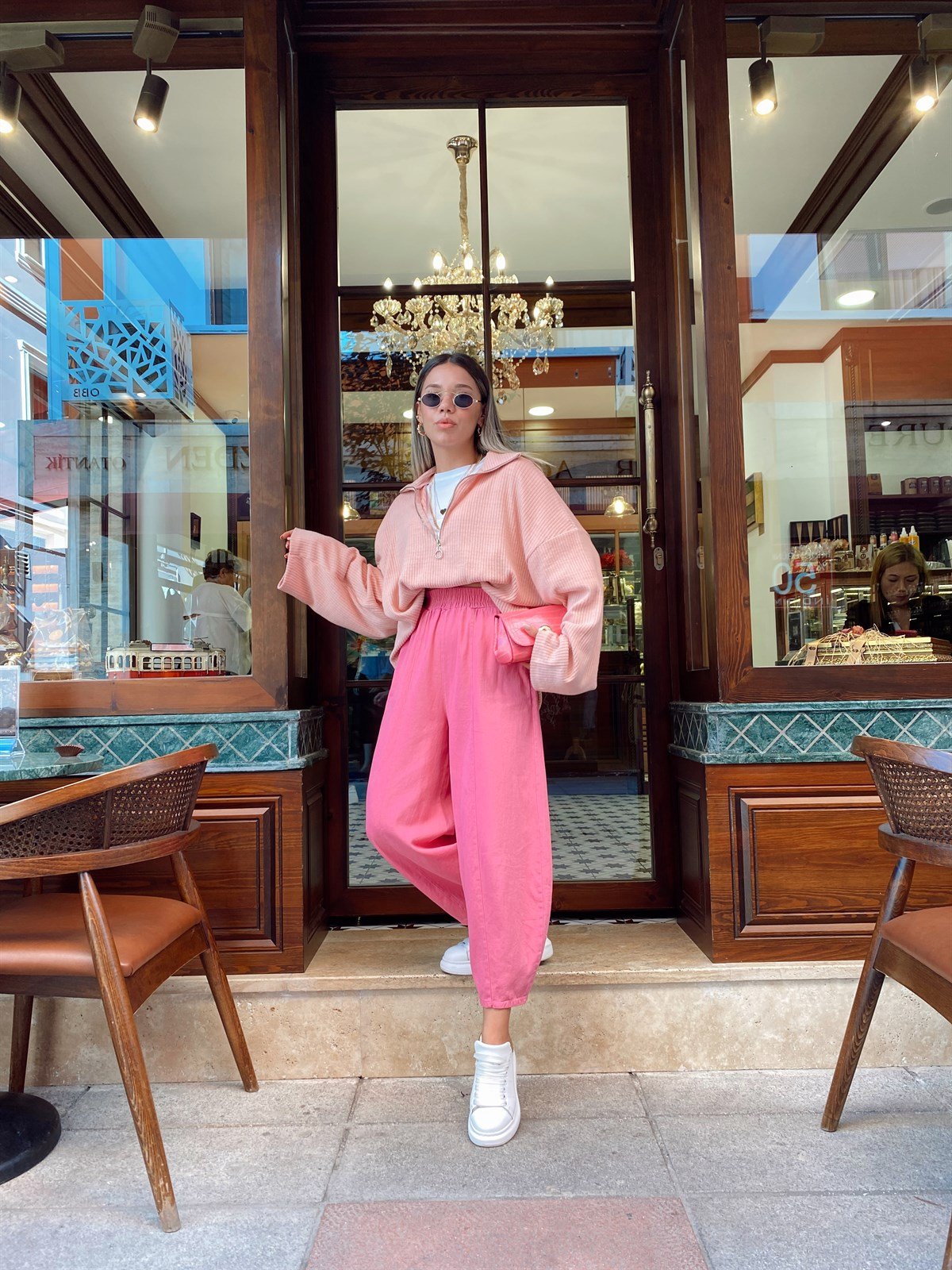Pembe Lastikli Keten Şalvar Pantolon