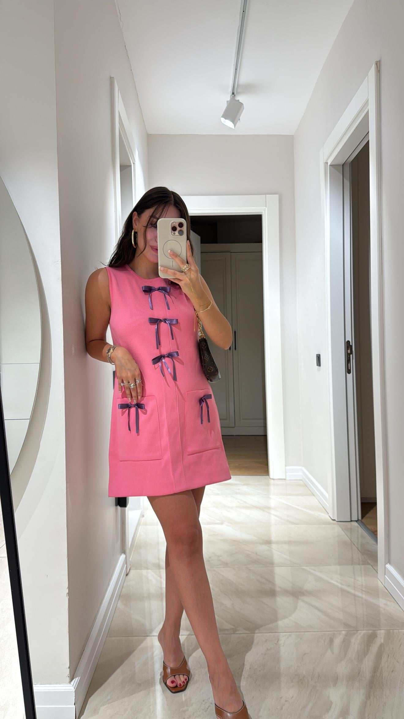 Pembe Lila Kurdeleli Triko Elbise