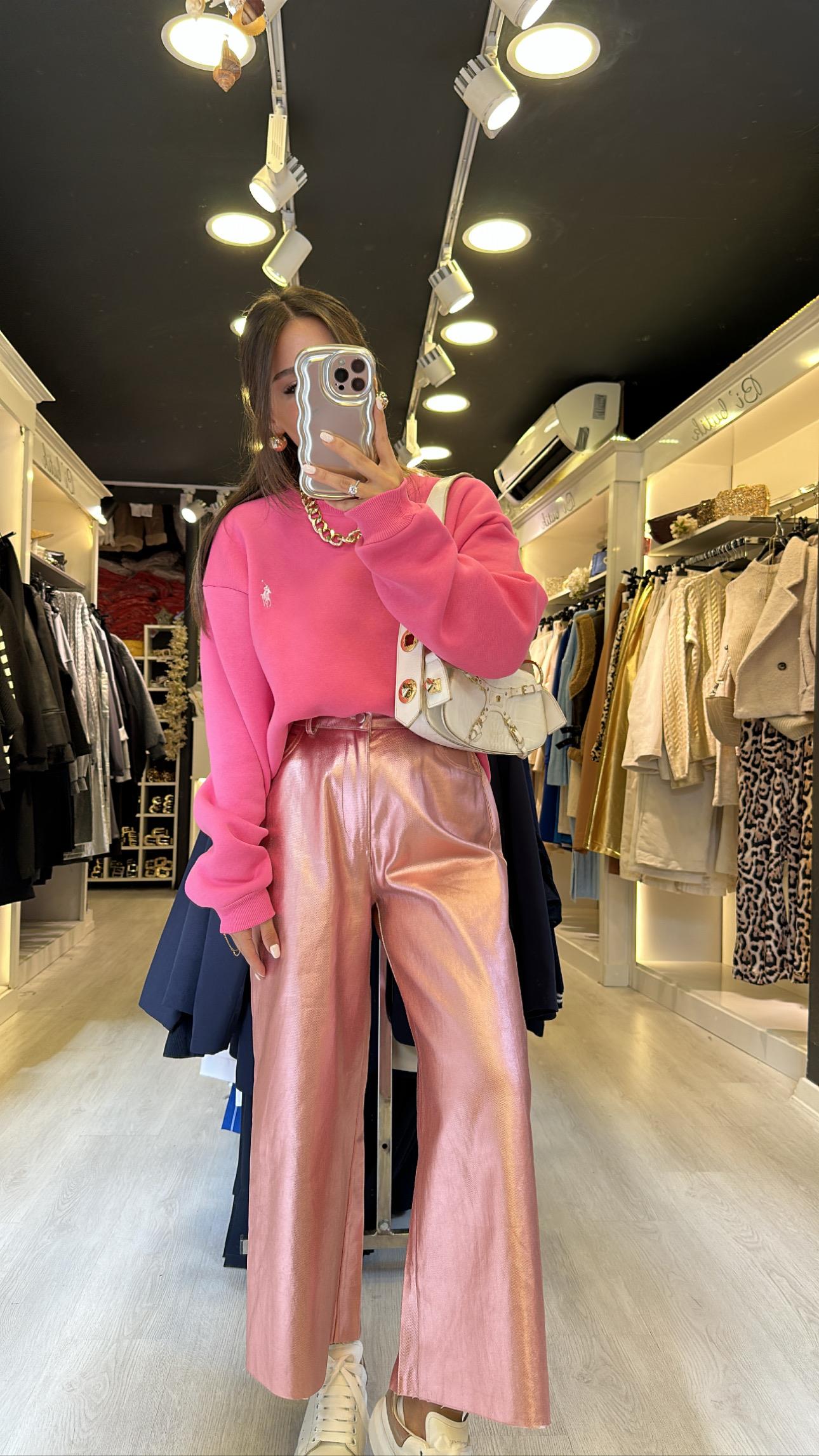 Pembe Metalik Bol Paça Pantolon 