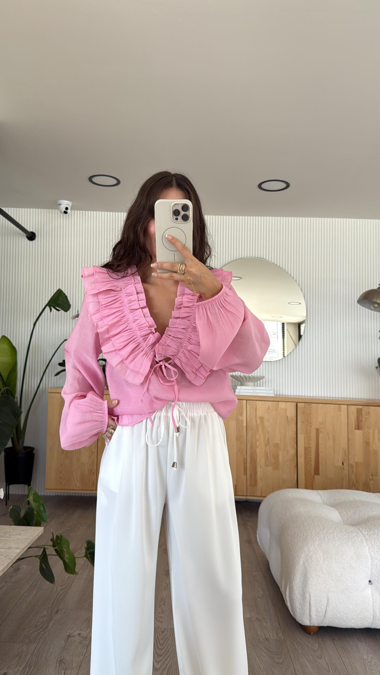 Pembe Ön Bağlamalı Fırfırlı Gömlek 