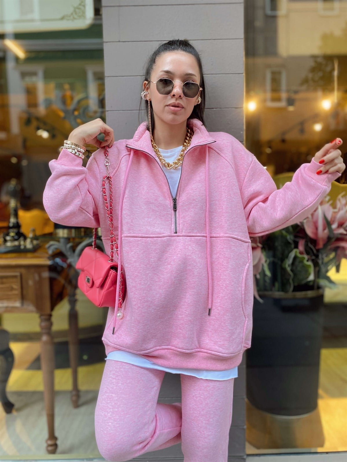 Pembe Önden Fermuarlı Kanguru Cepli Oversize Sweat