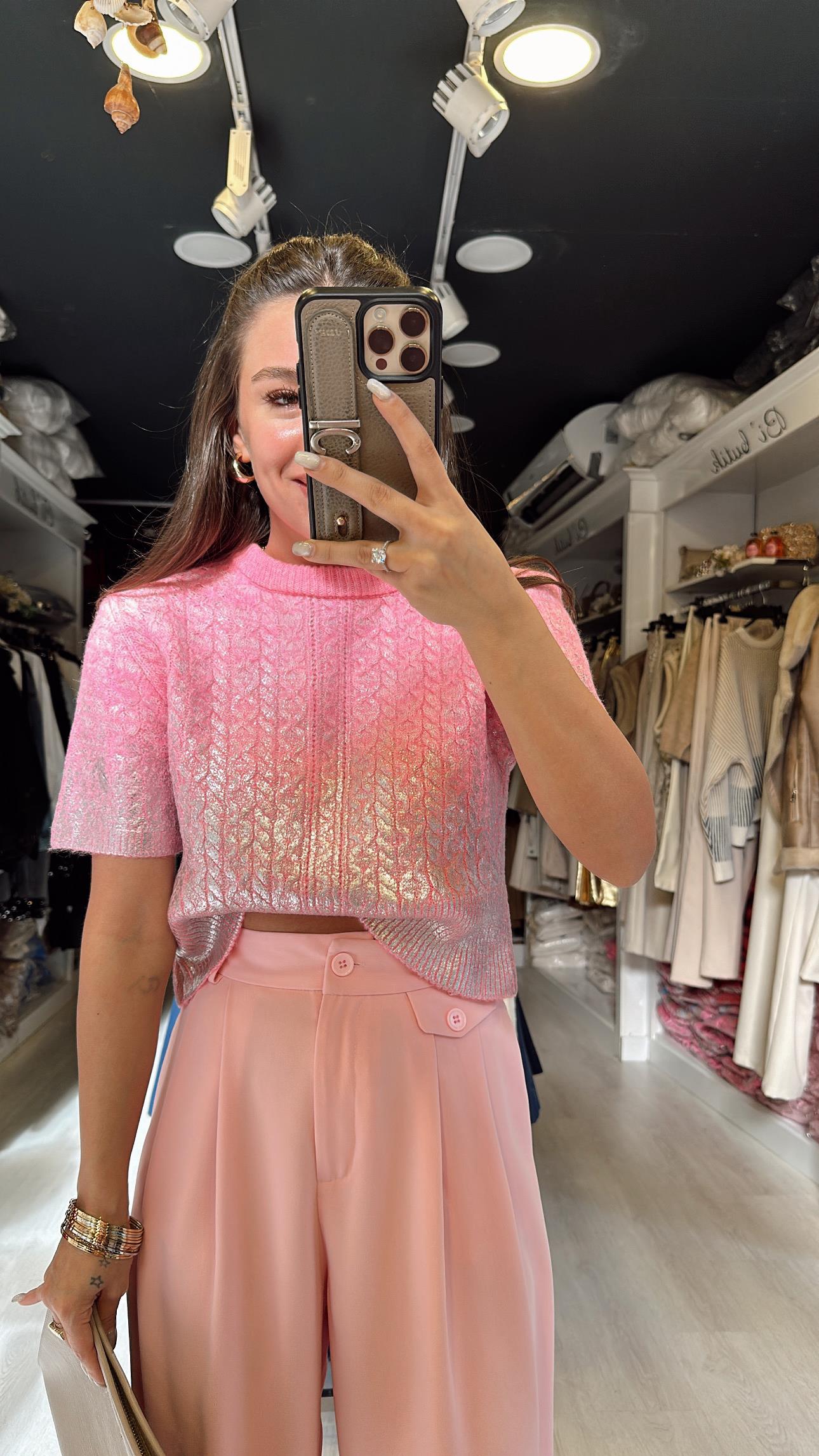 Pembe Parlak Baskılı Kısa Kol Triko Kazak
