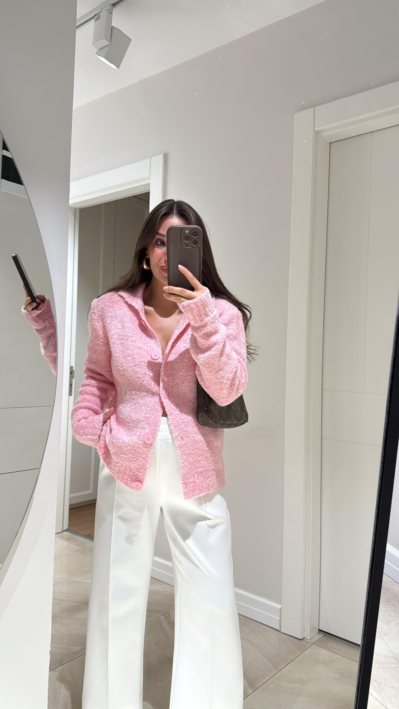 Pembe Polo Yaka Düğmeli Buklet Hırka 