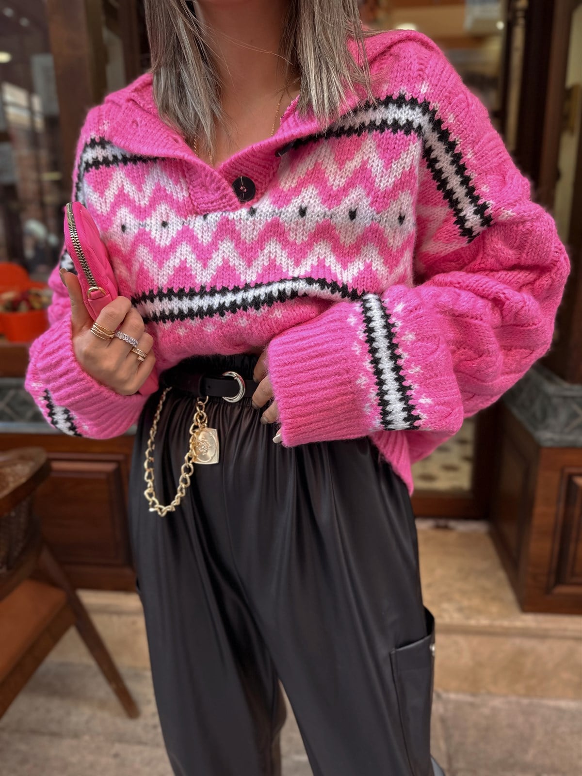 Pembe Polo Yaka Etnik Desenli Triko Kazak 