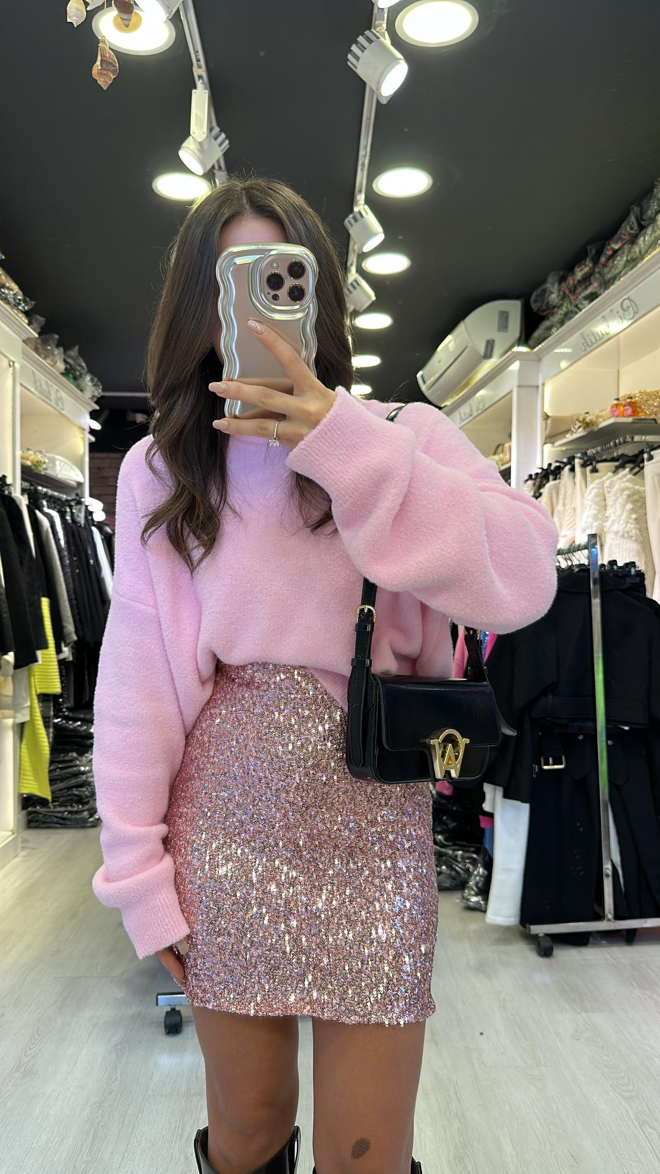 Pembe Pul Detaylı Payetli Mini Etek