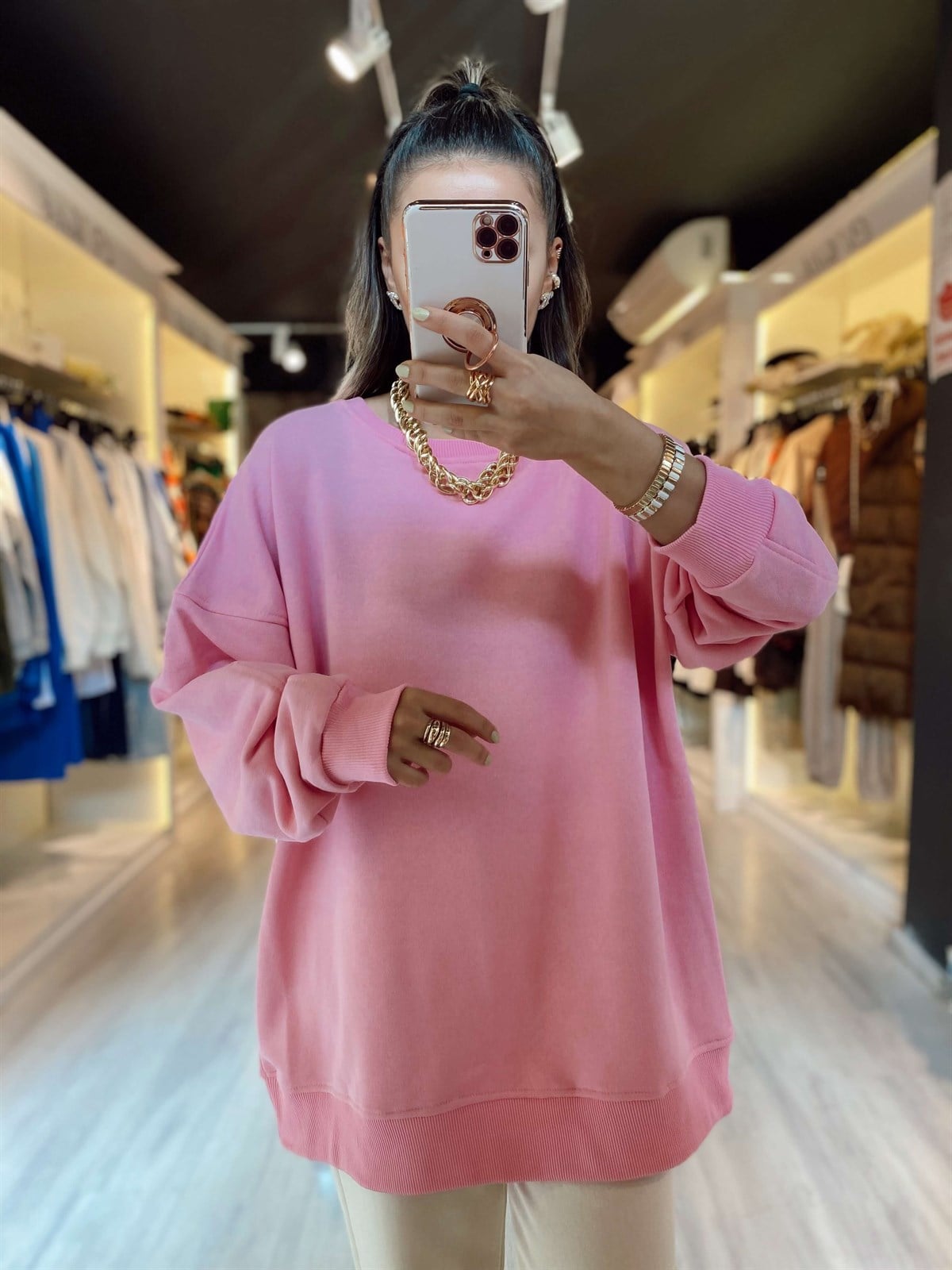Pembe Ravi Oversize Basic Sweat