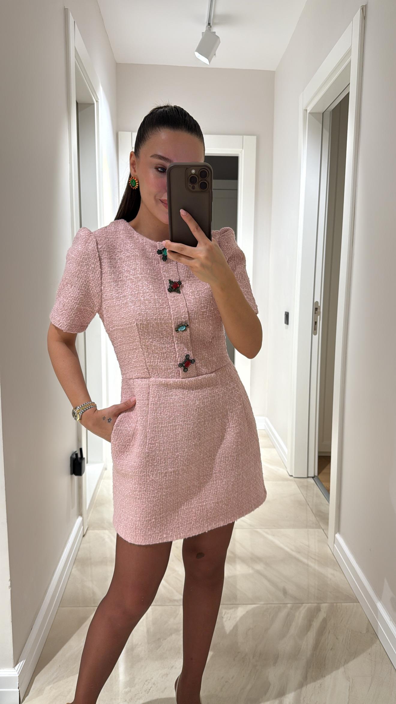 Pembe Renkli Düğmeli Tüvit kumaş Mini Elbise 