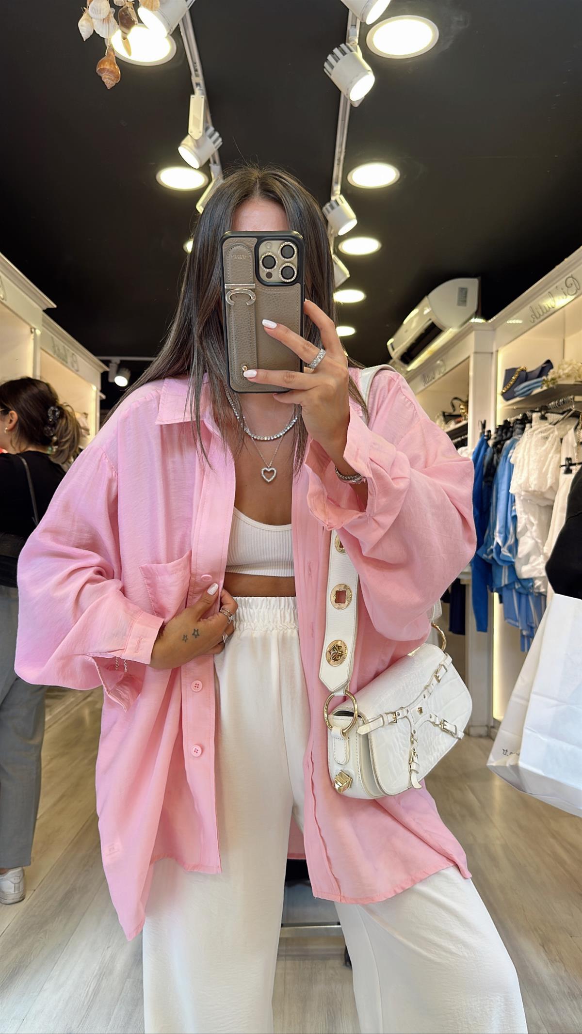 Pembe Tek Cep Detaylı Tensel Gömlek 