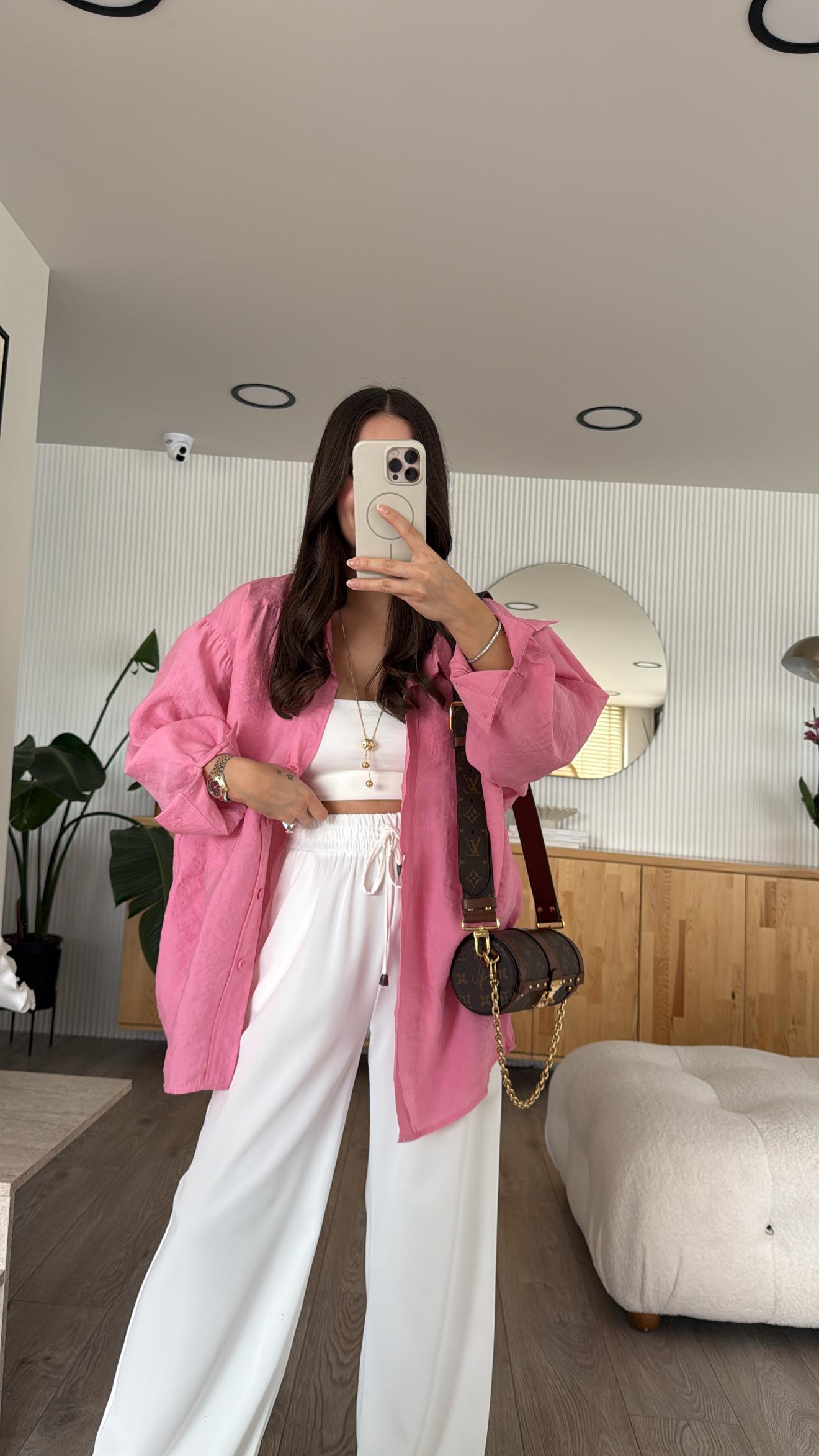 Pembe Tensel Kumaş Düşük Omuzlu Oversize Gömlek