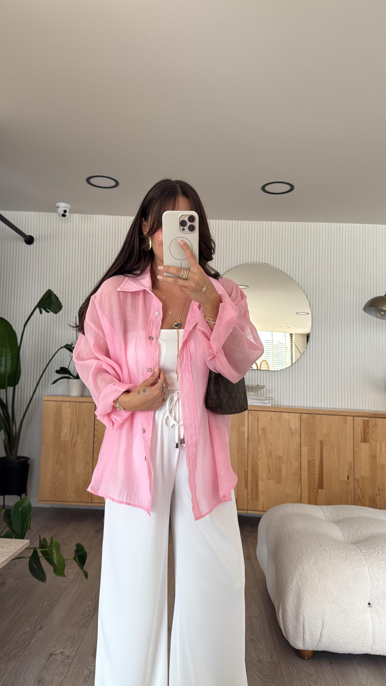 Pembe Transparan İpeksi Gömlek 