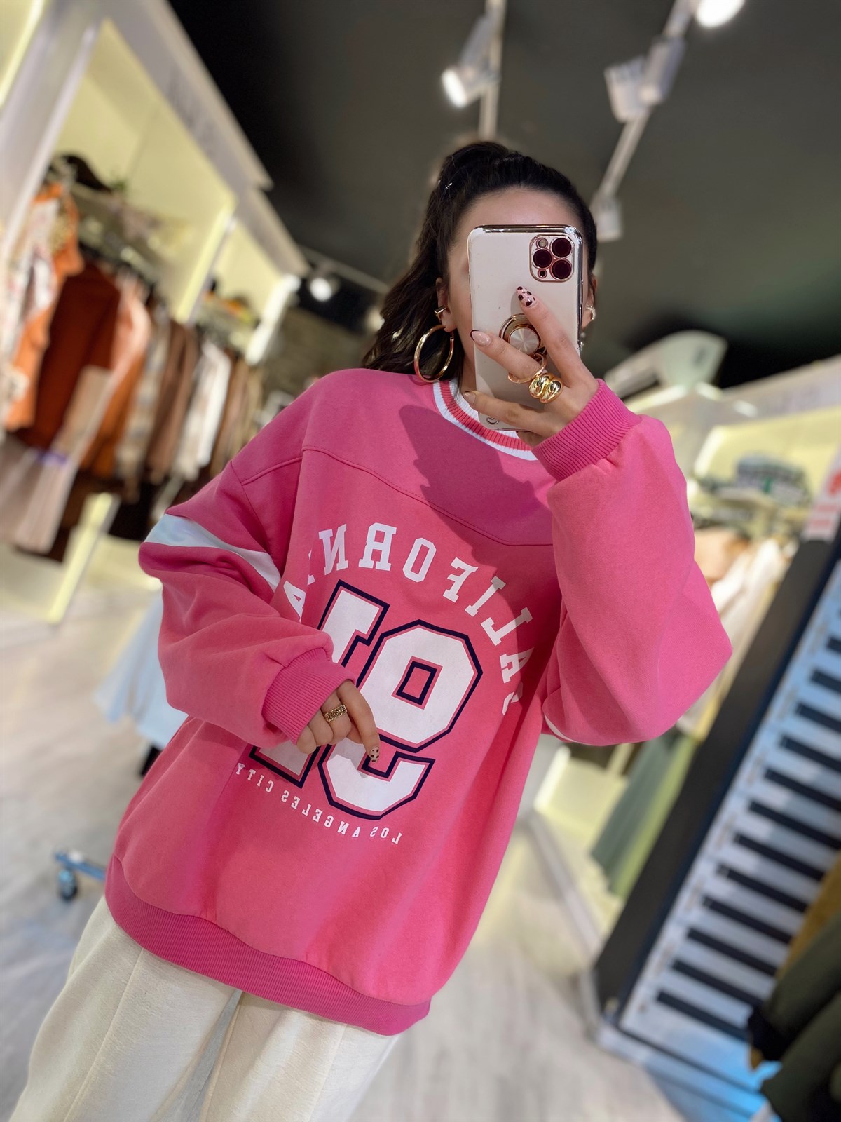 Pembe Triko Yaka California Baskılı Sweat 