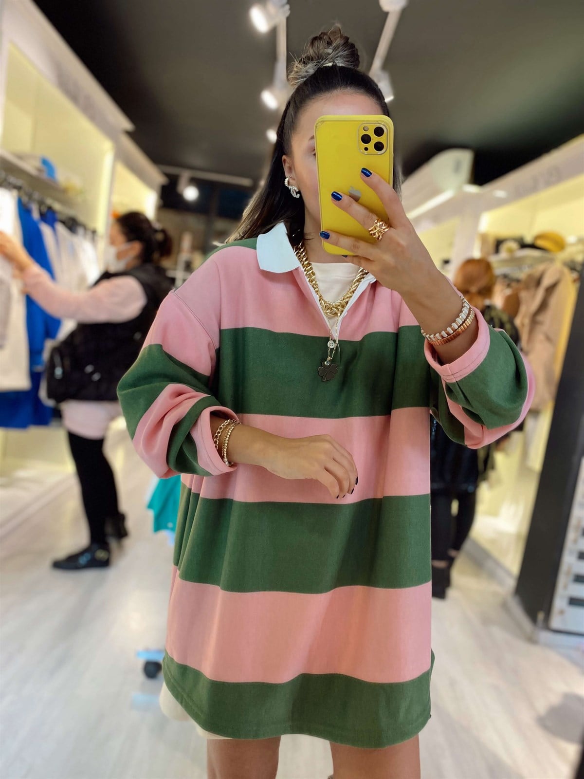 Pembe Yeşil Polo Yaka Çizgili Sweat 