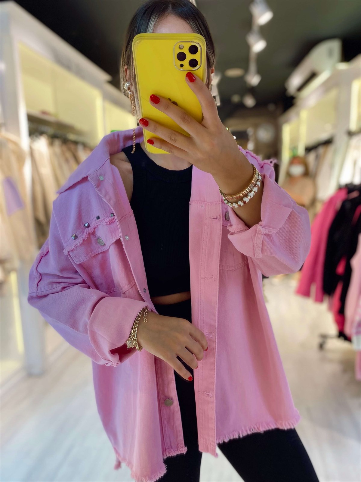 Pembe Zımbalı Çift Cepli Ceket