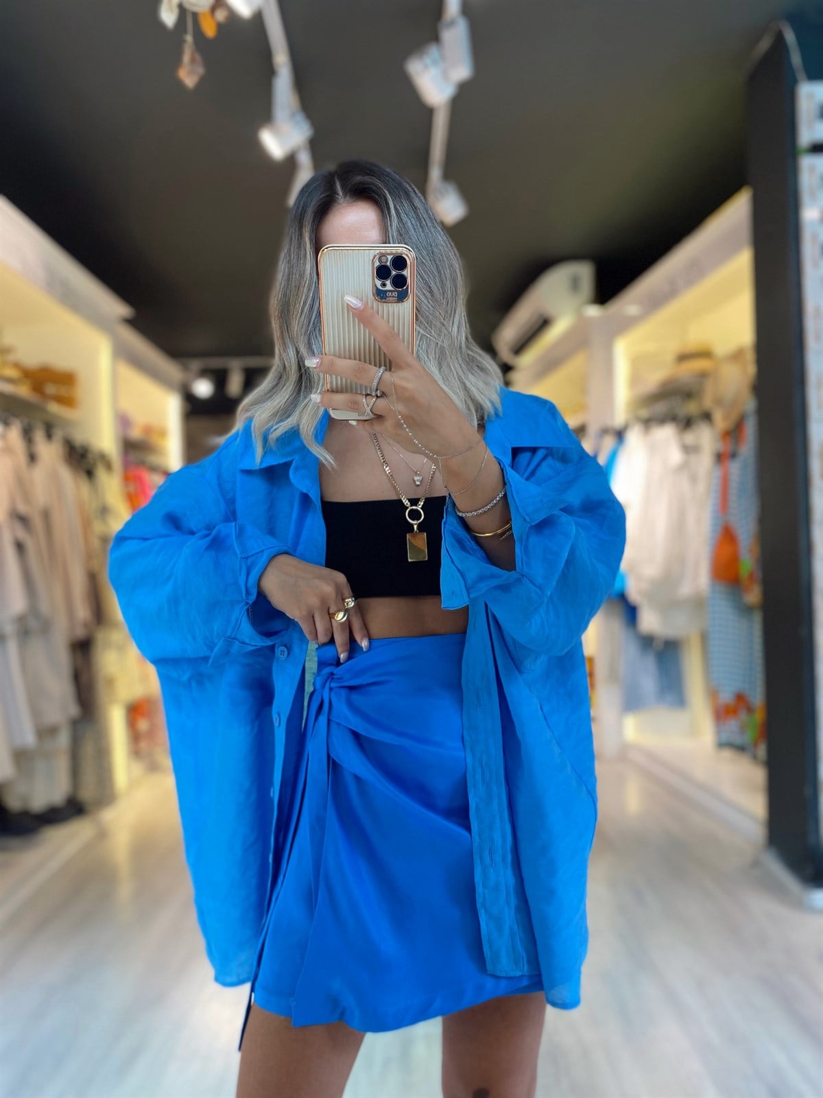 Saks Mavi Bağlamalı Saten Şort Etek