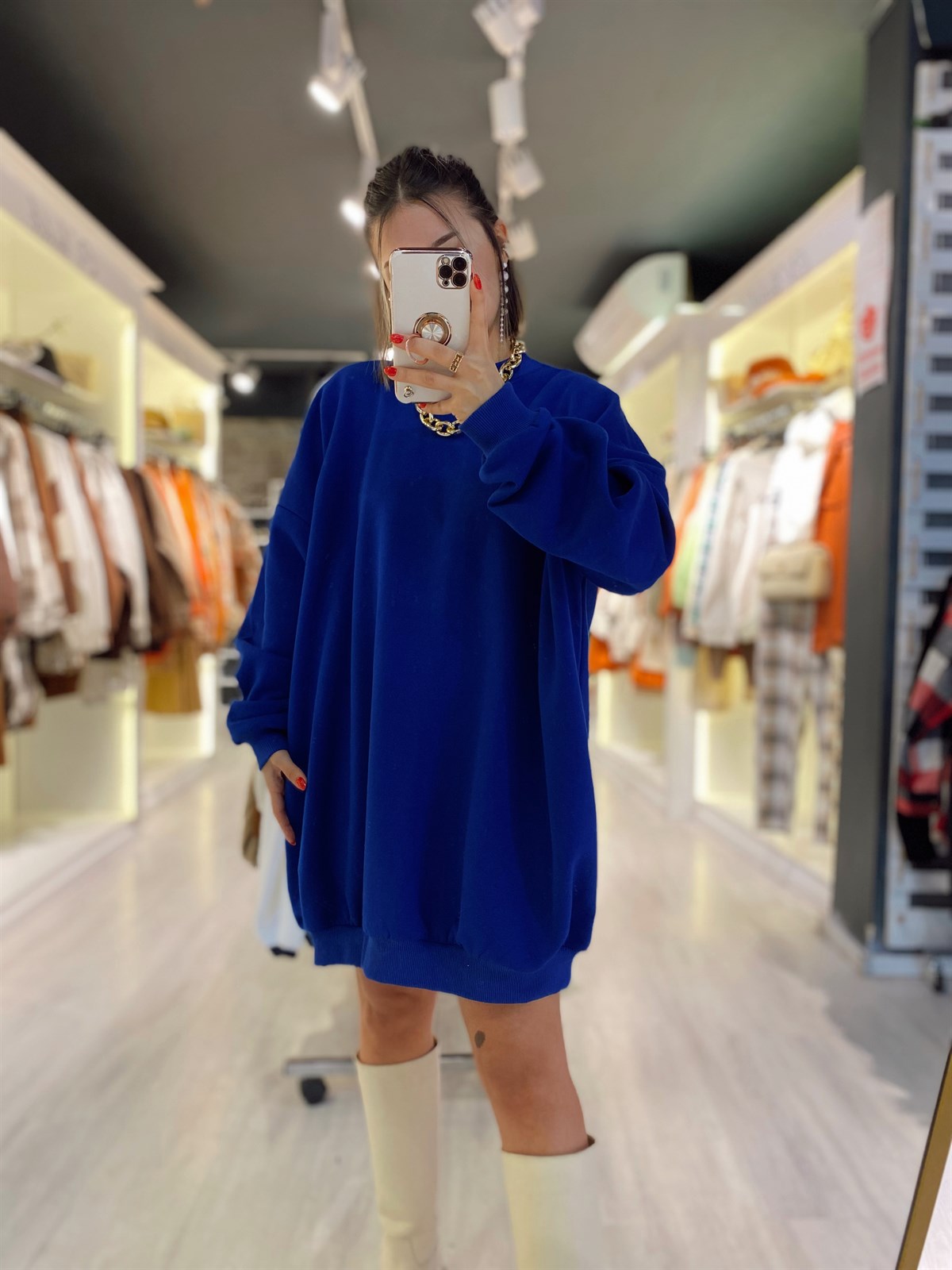 Saks Mavi Balıkçı Yaka Oversize Sweat