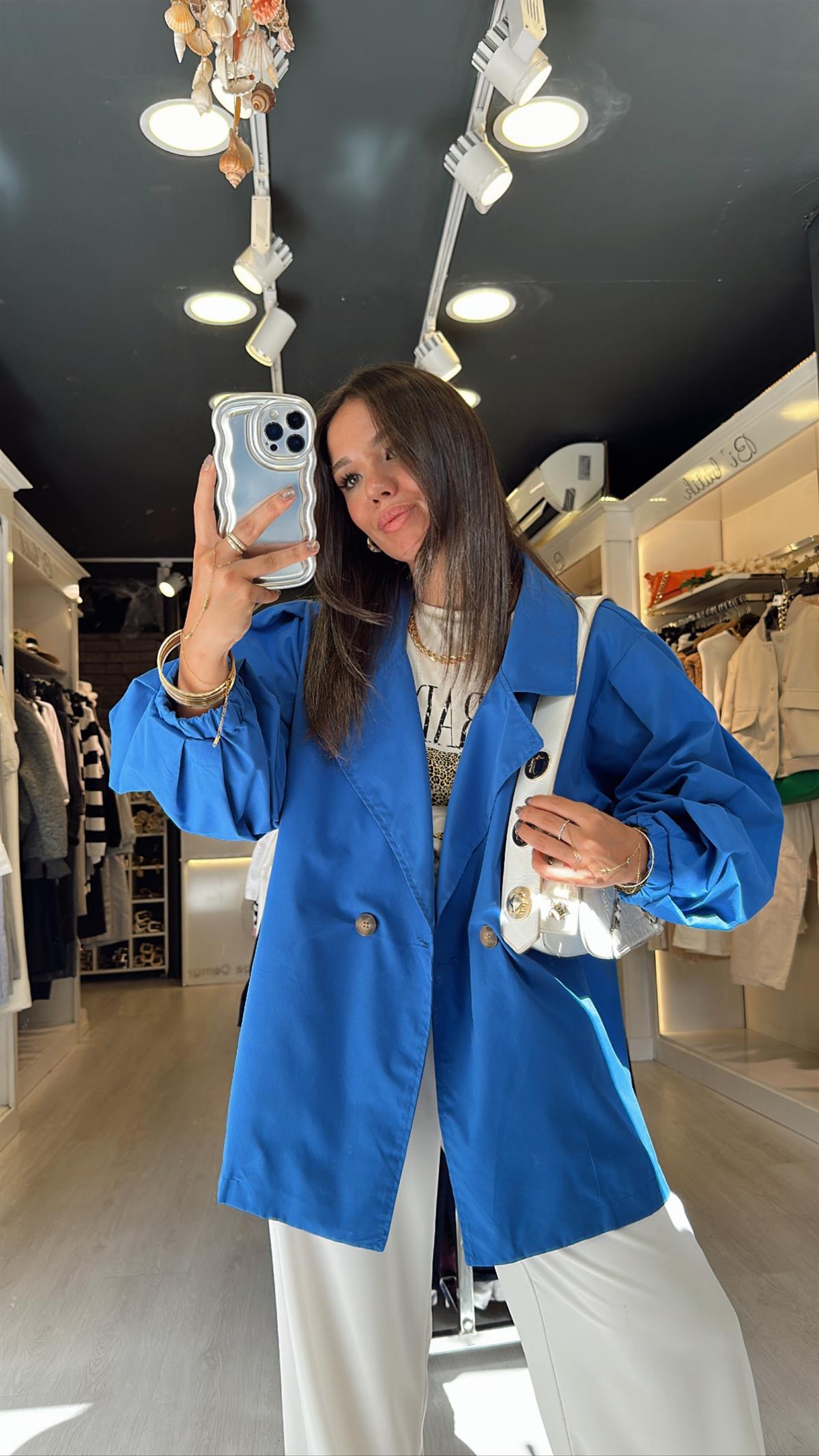 Saks Mavi Balon Kol Oversize Ceket