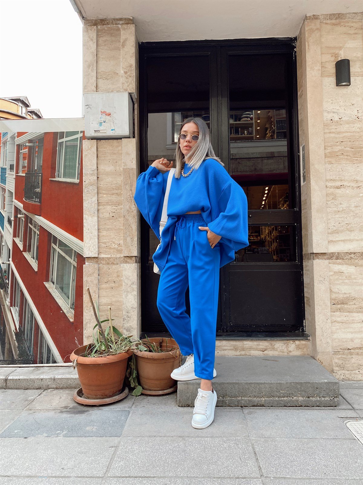 Saks Mavi Beli Lastikli Paça Pileli Pantolon