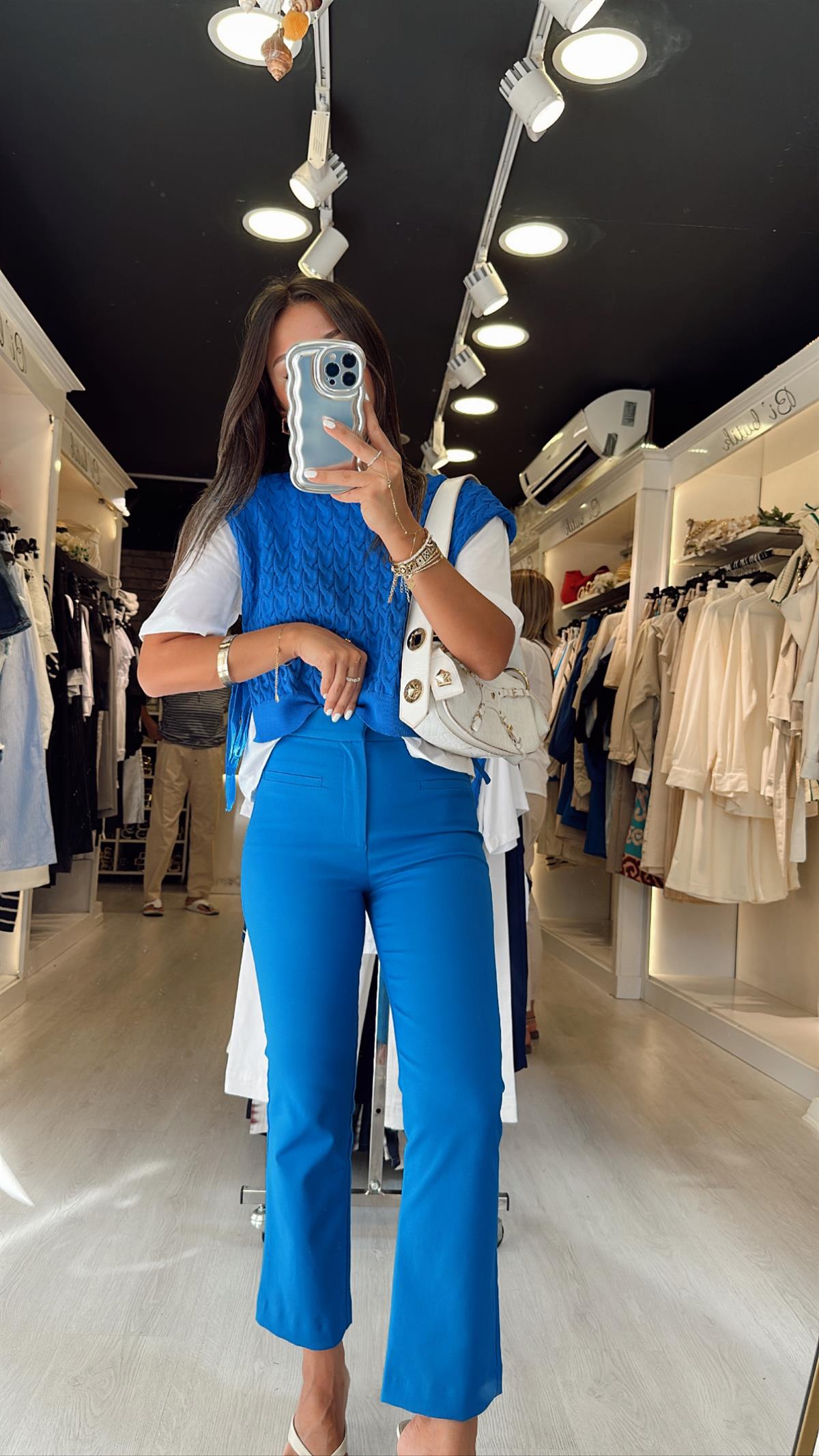 Saks Mavi Cep Detaylı Midi İspanyol Paça Pantolon