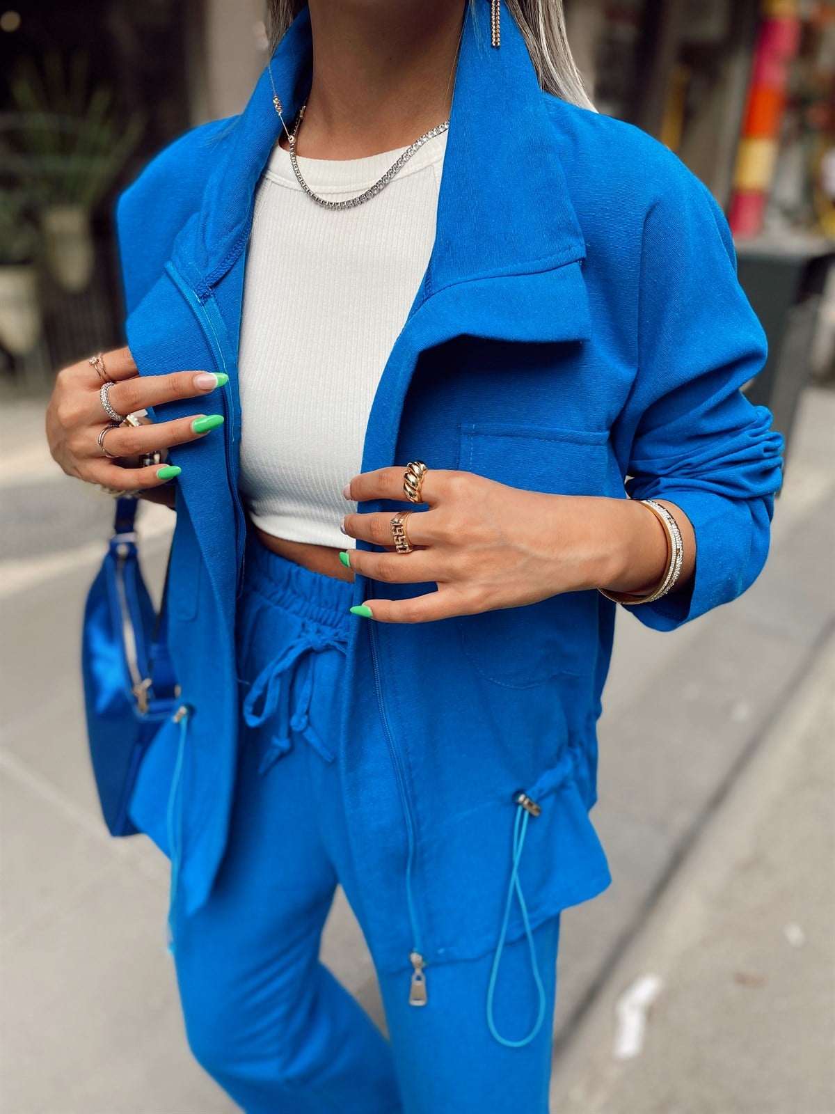 Saks Mavi Dik Yaka Belden Lastikli Fermuarlı Ceket