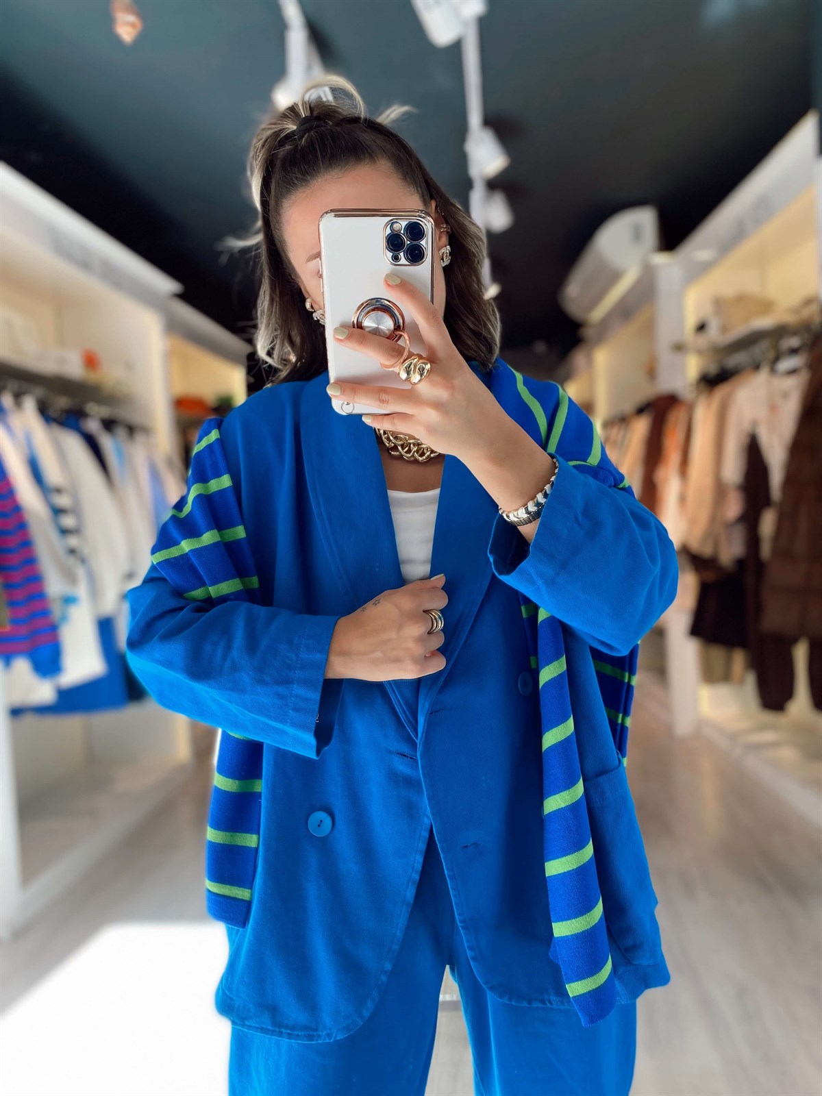 Saks Mavi Düğmeli Oversize Ceket