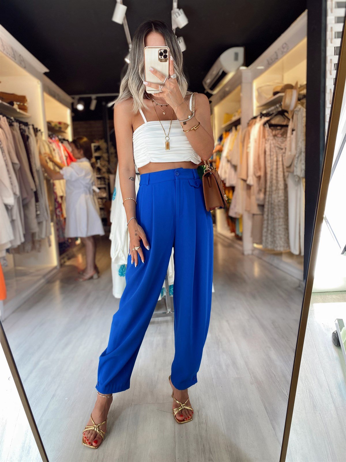 Saks Mavi Duğmeli Şalvar Model Pantolon 