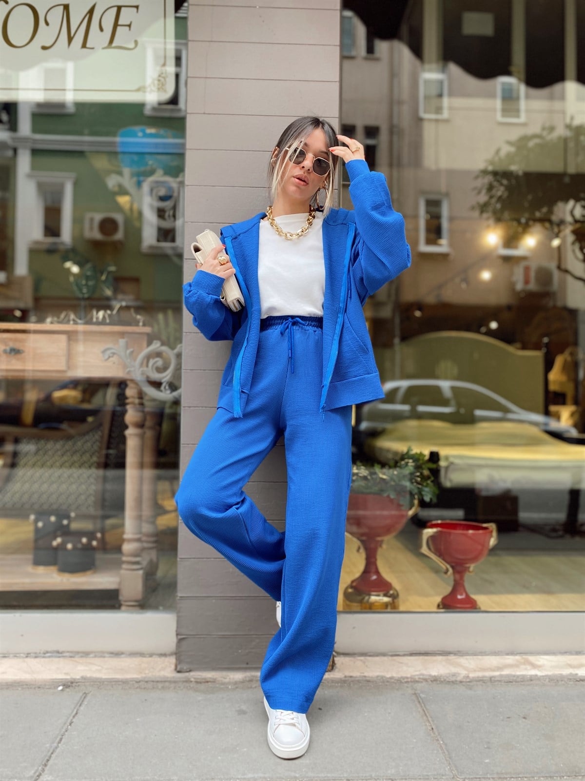 Saks Mavi Fitilli Fermuarlı Takım