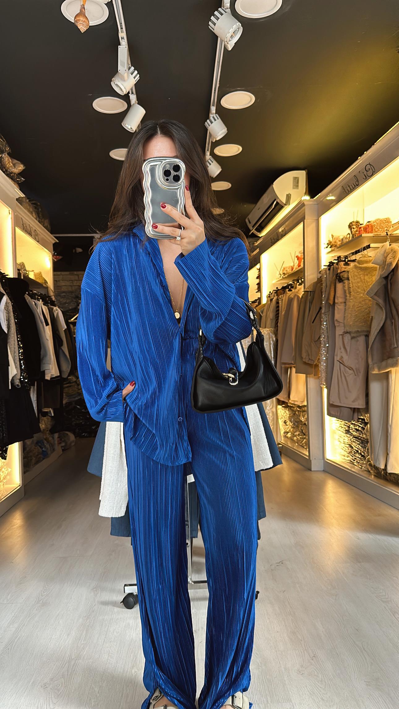 Saks Mavi Krinkıl Kumaş Gömlek Takım