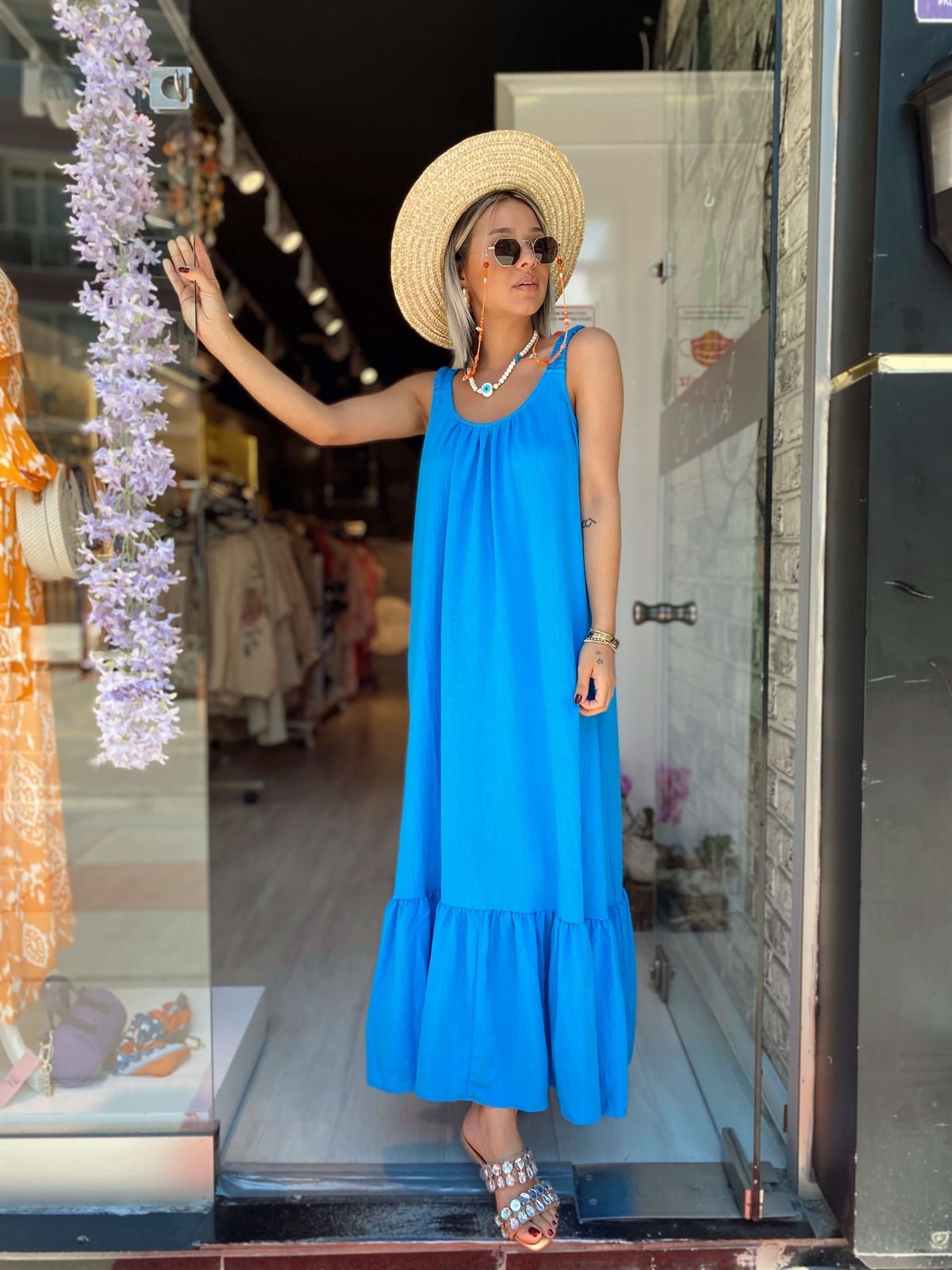 Saks Mavi Lastikli Askılı Elbise