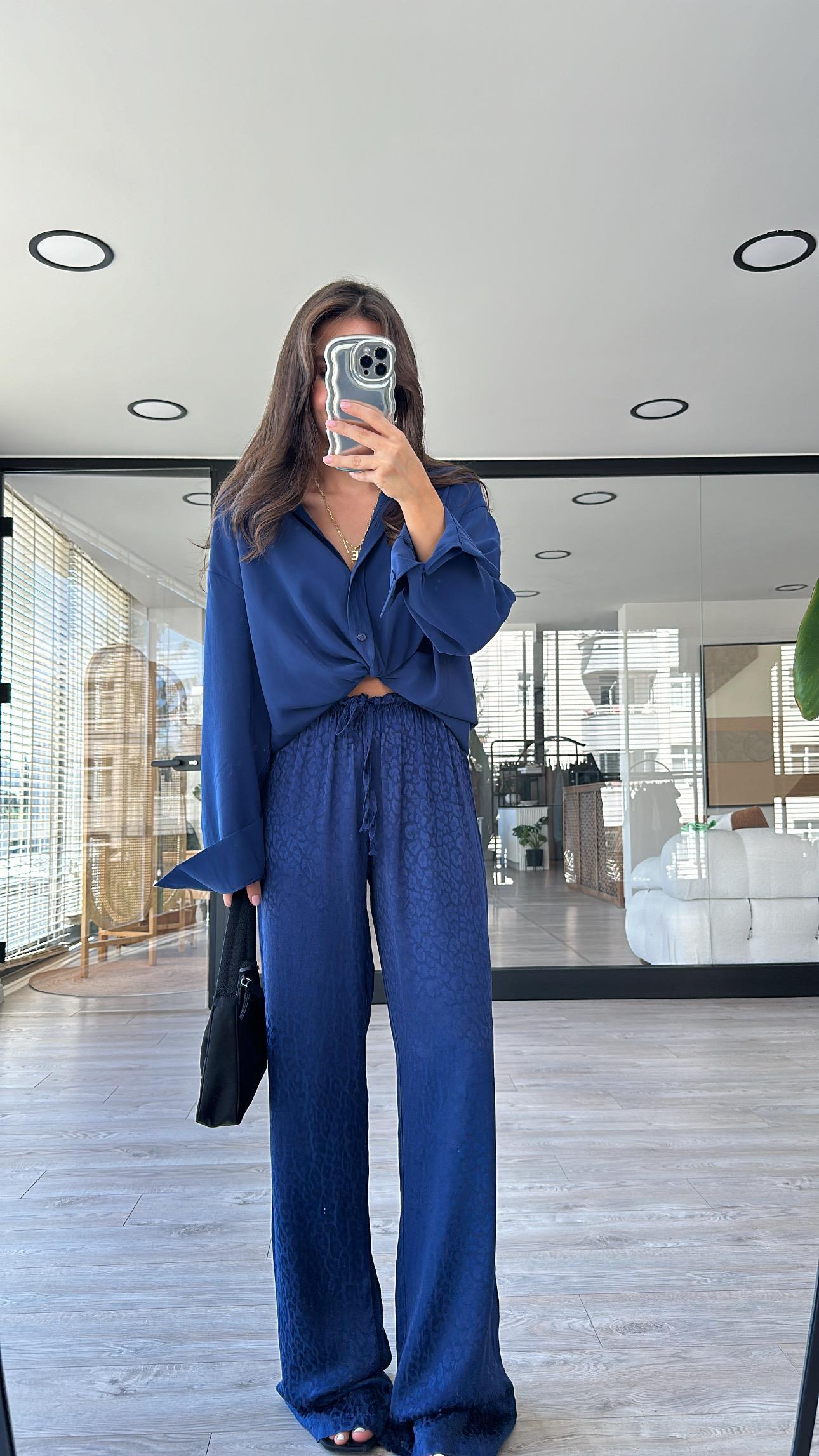 Saks Mavi Leopar Desenli Jakarlı Bol Paça Pantolon