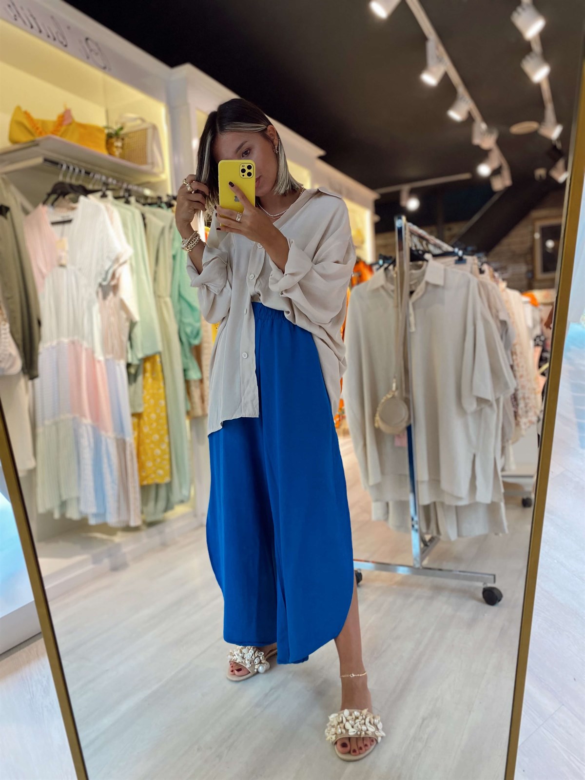 Saks Mavi Paça Detaylı Bol Keten Pantolon