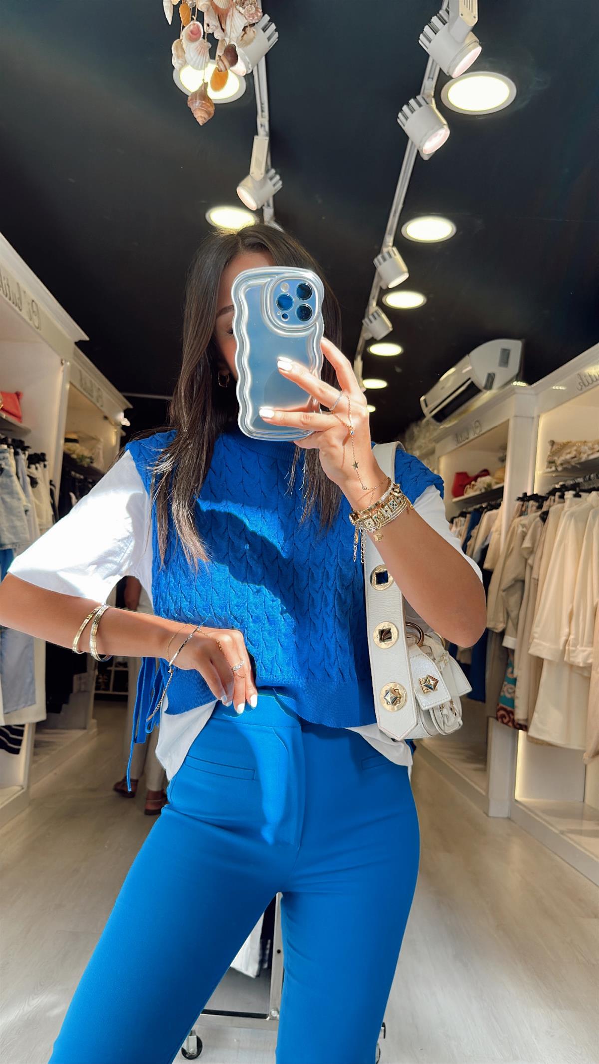 Saks Mavi Triko Detaylı Bağlamalı Bluz 