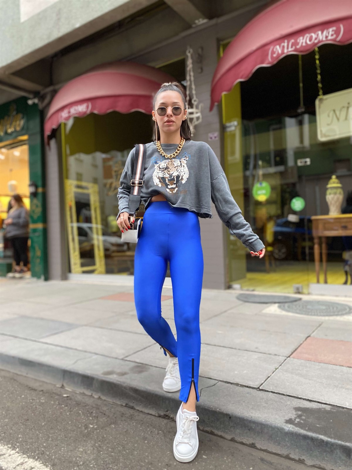 Saks Mavisi Fermuarlı Parlak Tayt