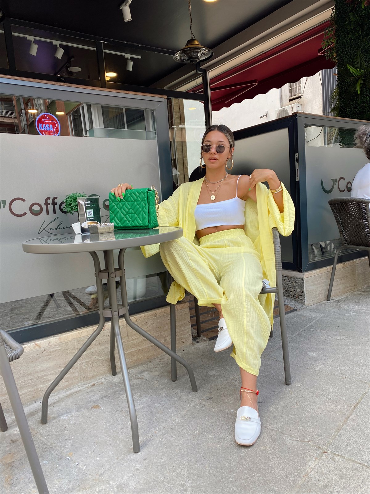 Sarı Gofreli Kimono Takım