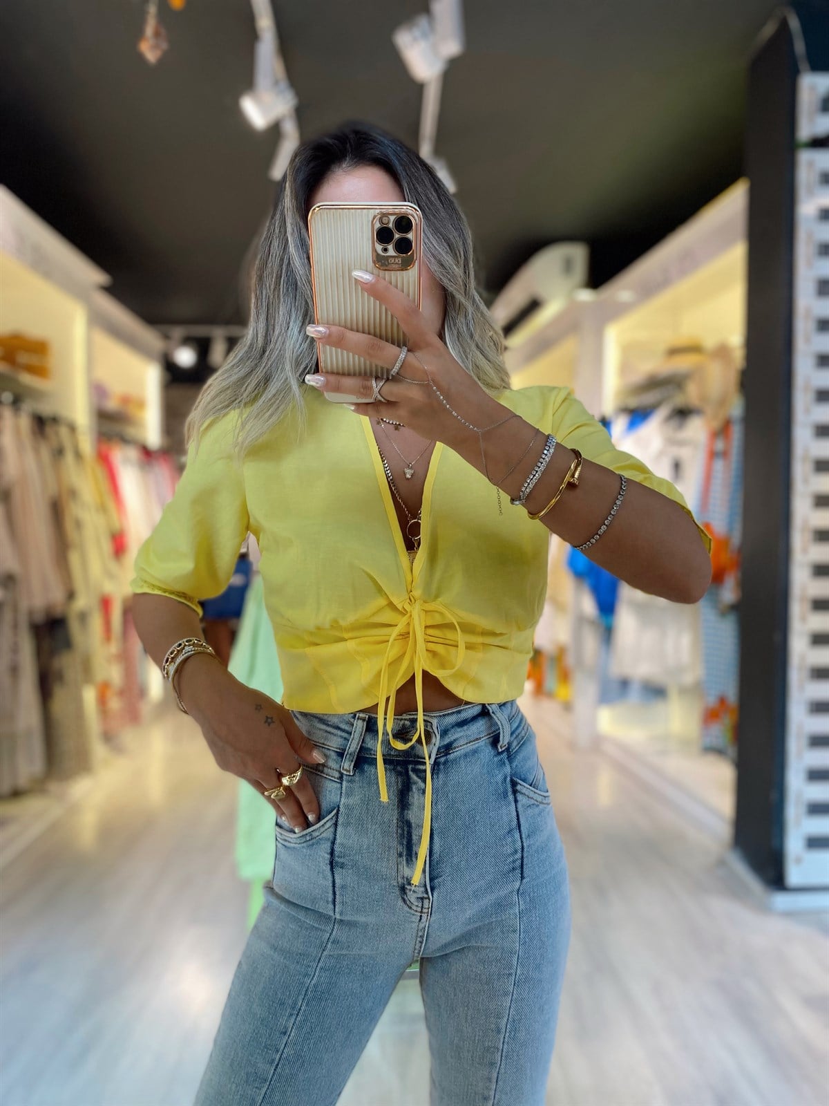 Sarı Korse Detaylı Yarım Kol Lastikli Bluz 