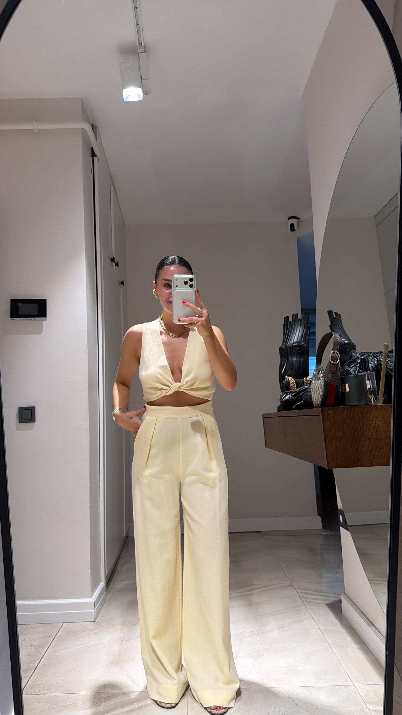 Sarı Ön Bağlamalı Keten Crop Takım
