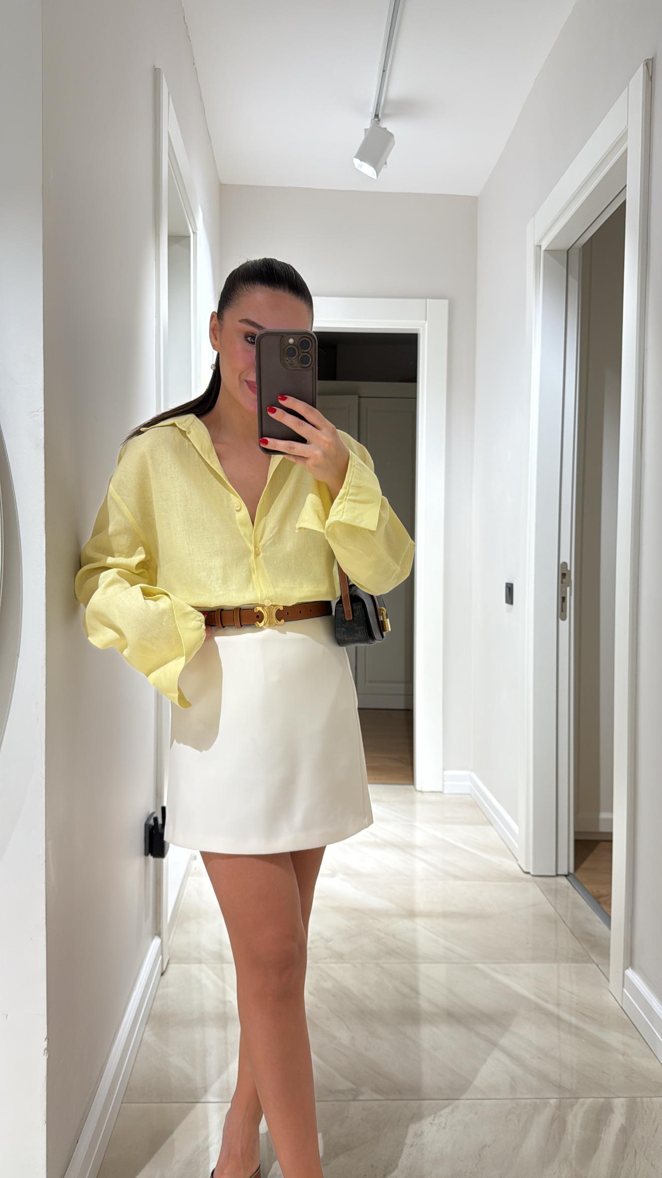 Sarı Ön Düğmeli Marka Model Keten Gömlek