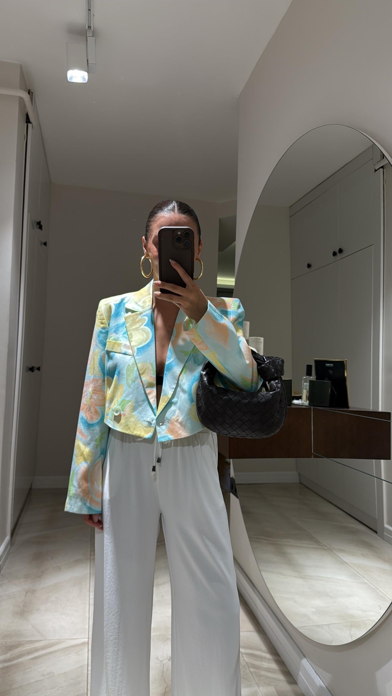 Sarı Renk Desenli Crop Ceket 