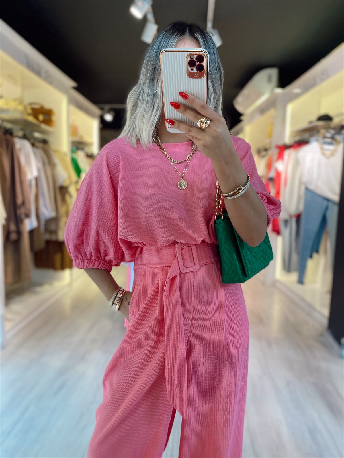 Şeker Pembe Bel Ve Kol Lastikli Bluz 