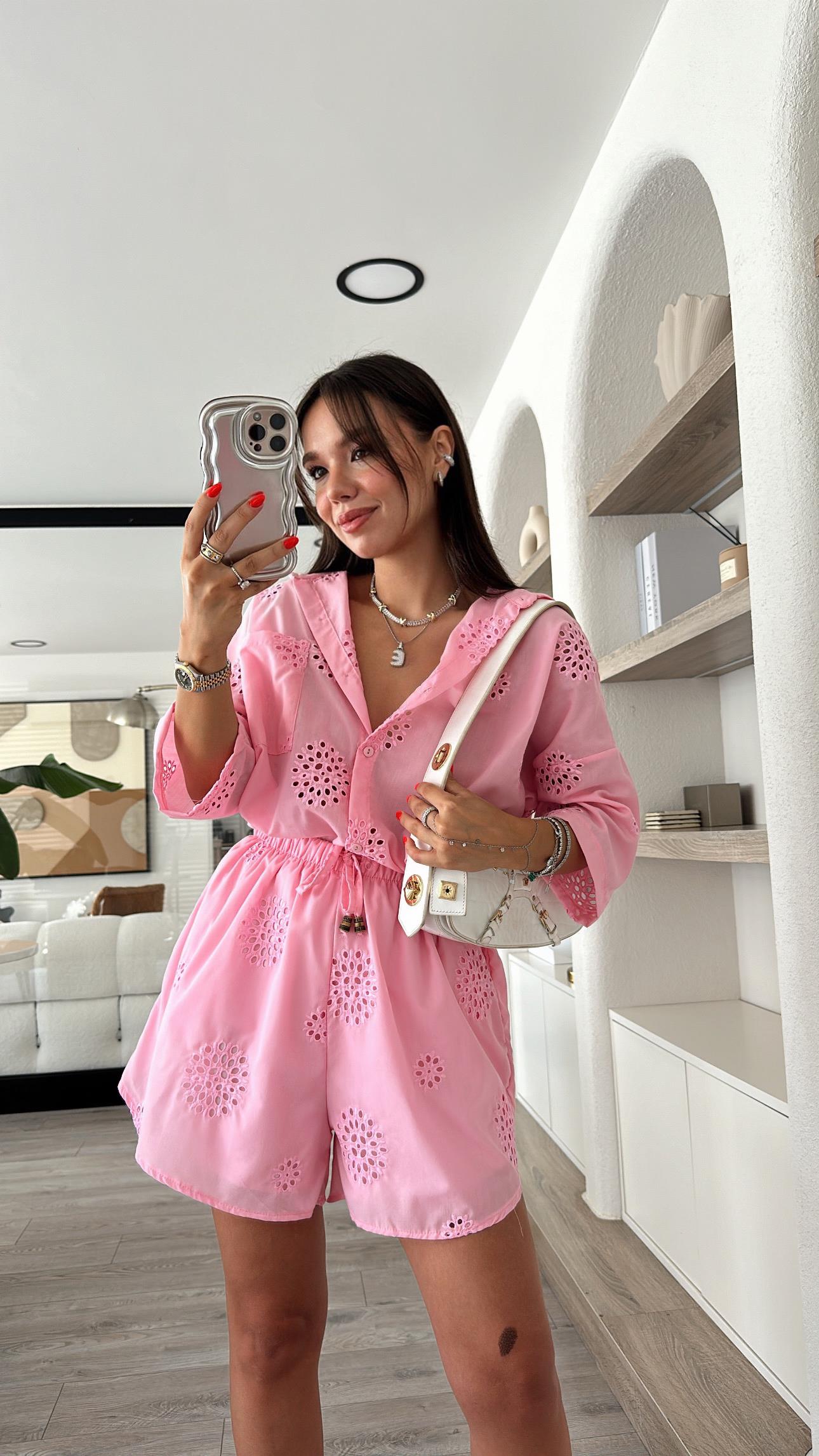 Şeker Pembe Cep Detaylı Fistolu Gömlek Şort Takım 