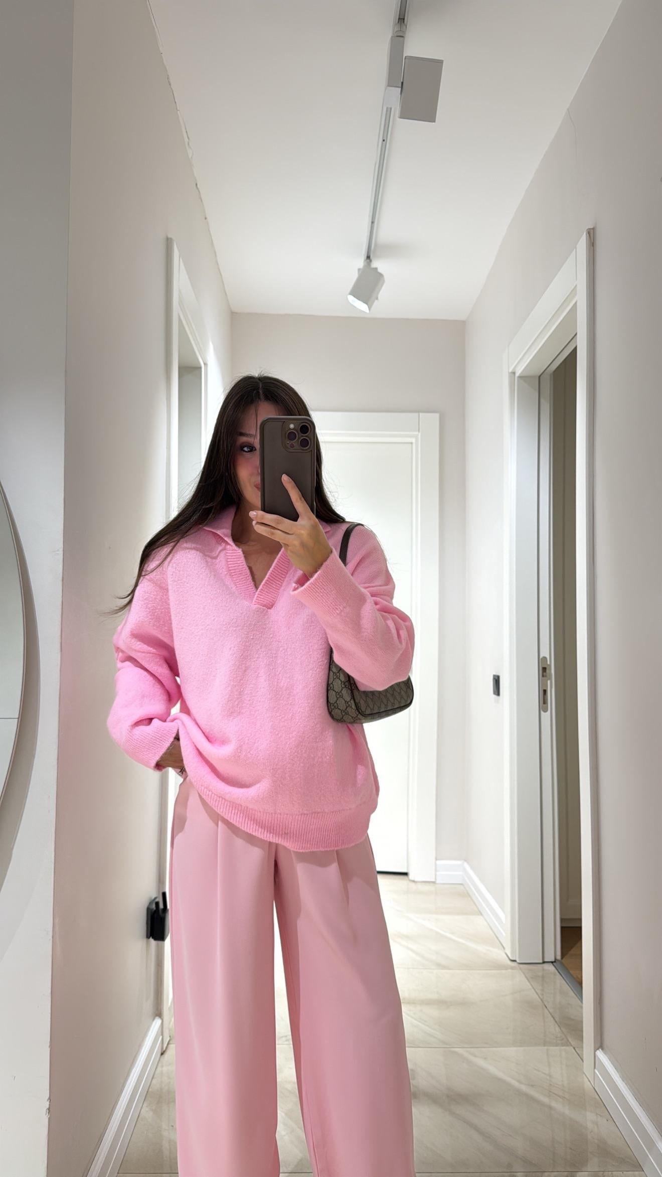 Şeker Pembe Polo Yaka Düz Kazak