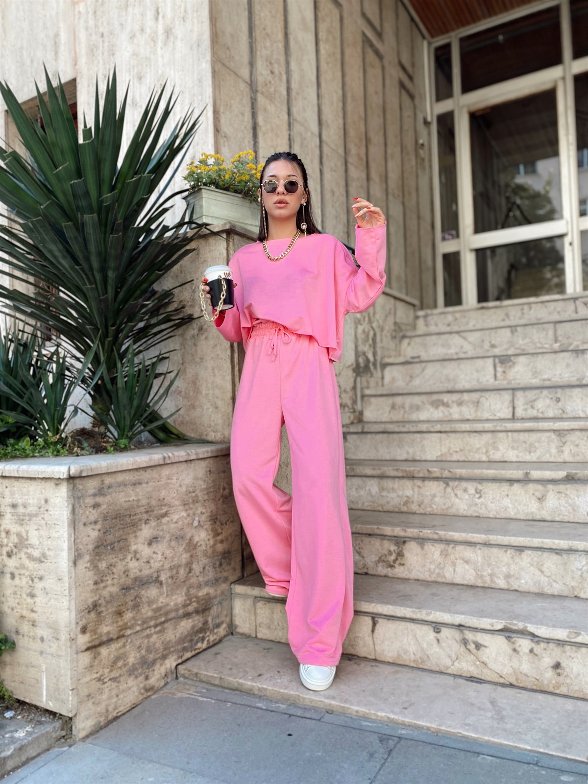 Şeker Pembe Salaş Uzun Kol Crop