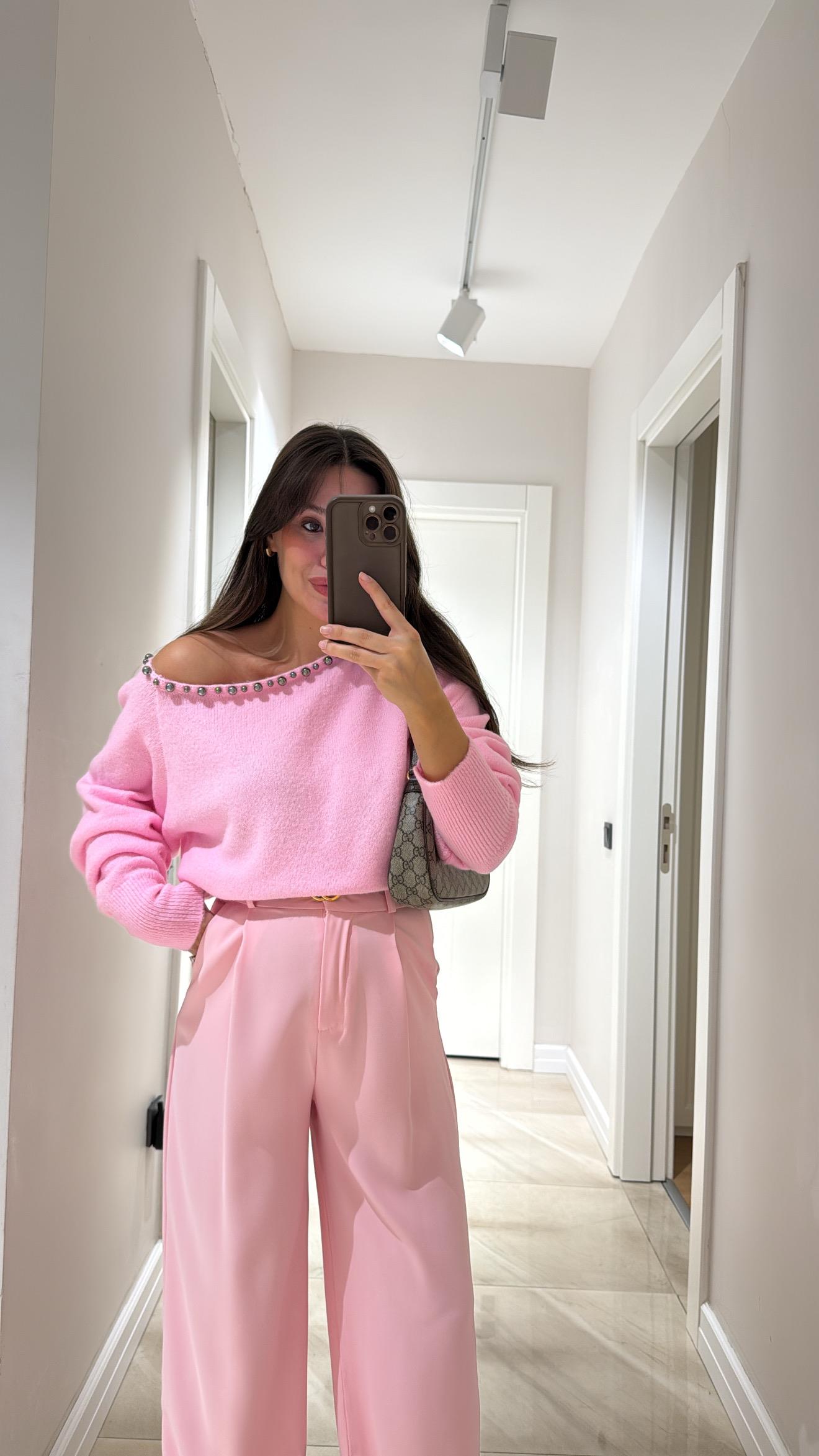 Şeker Pembe Yaka İncili Triko Kazak