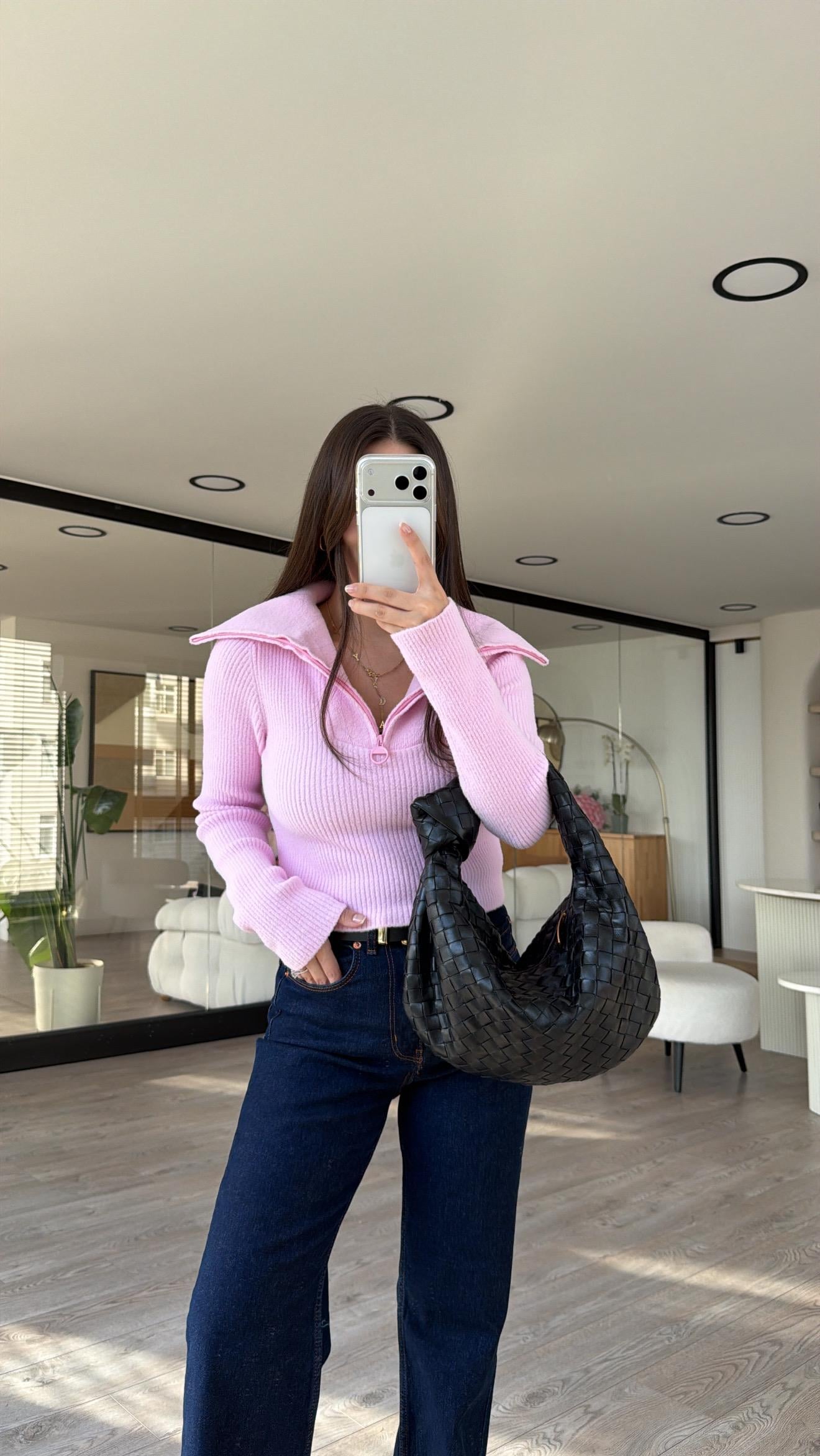 Şeker Pembe Yarım Fermuarlı Fitilli Dilvin Kazak 