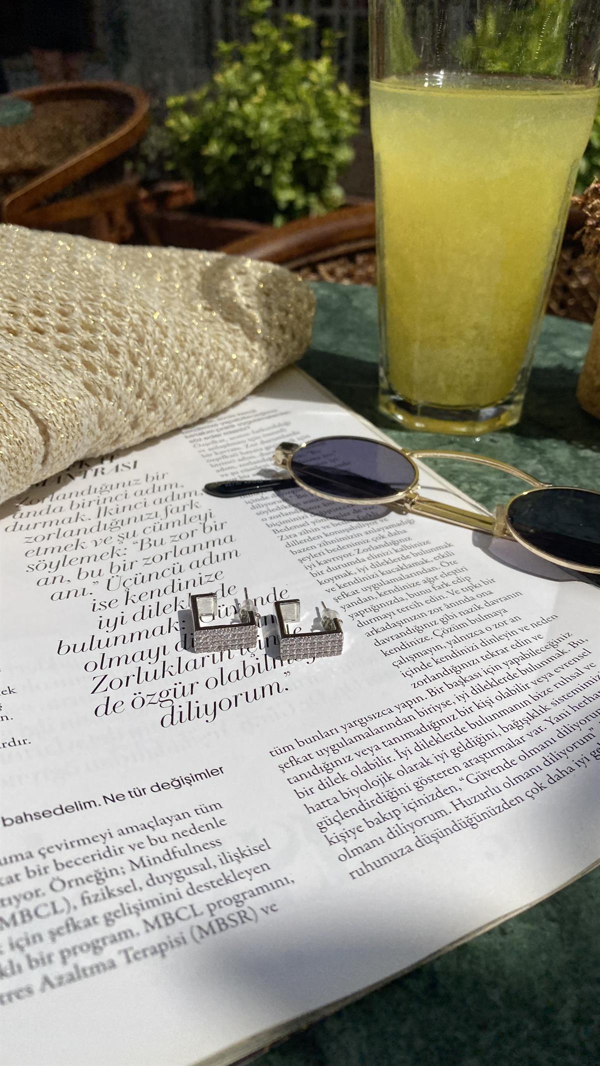 Silver Taşlı Kare Çelik Küpe