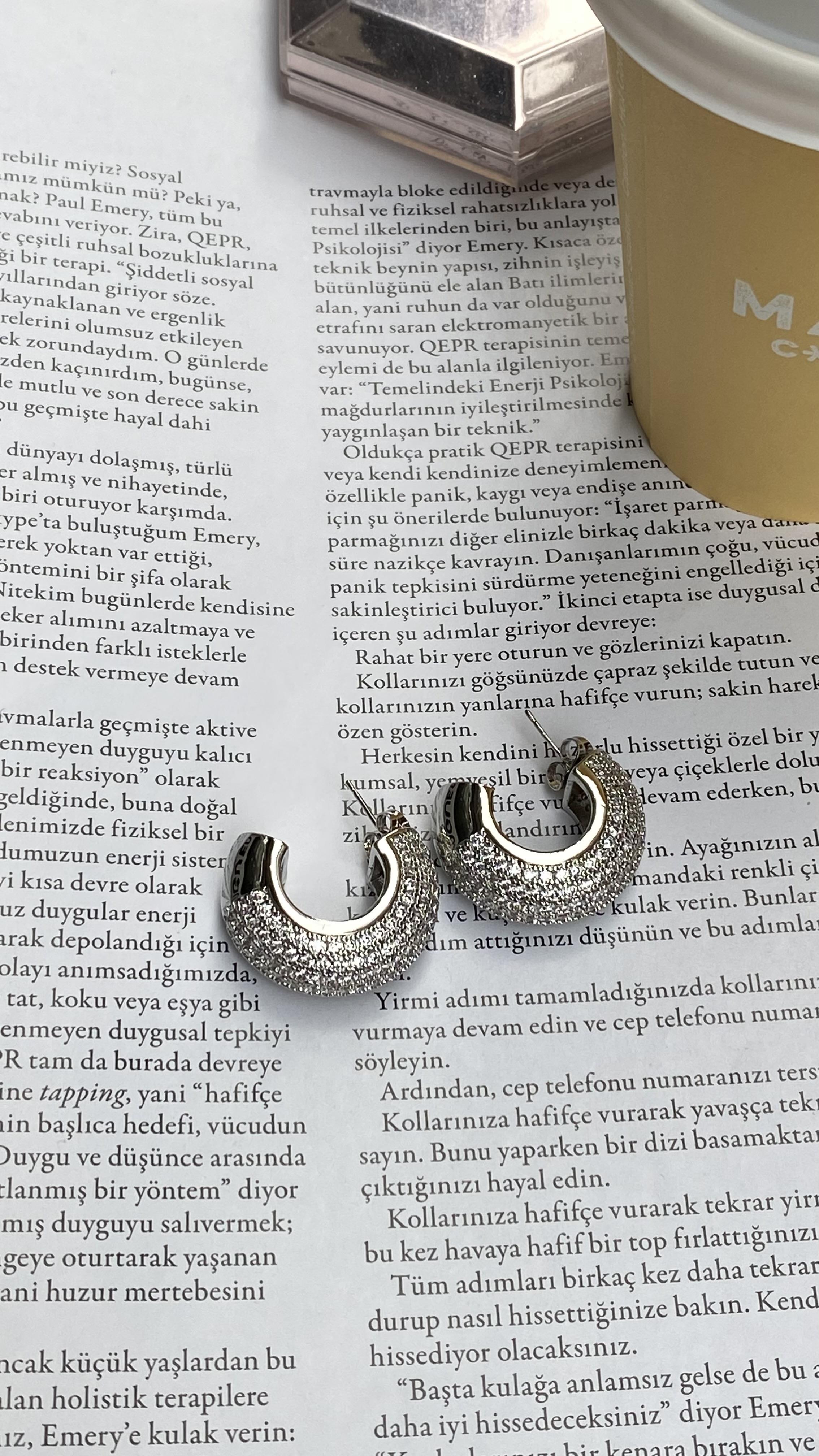 Silver Zirkon Taşlı Özel Seri Yarım Halka Küpe 