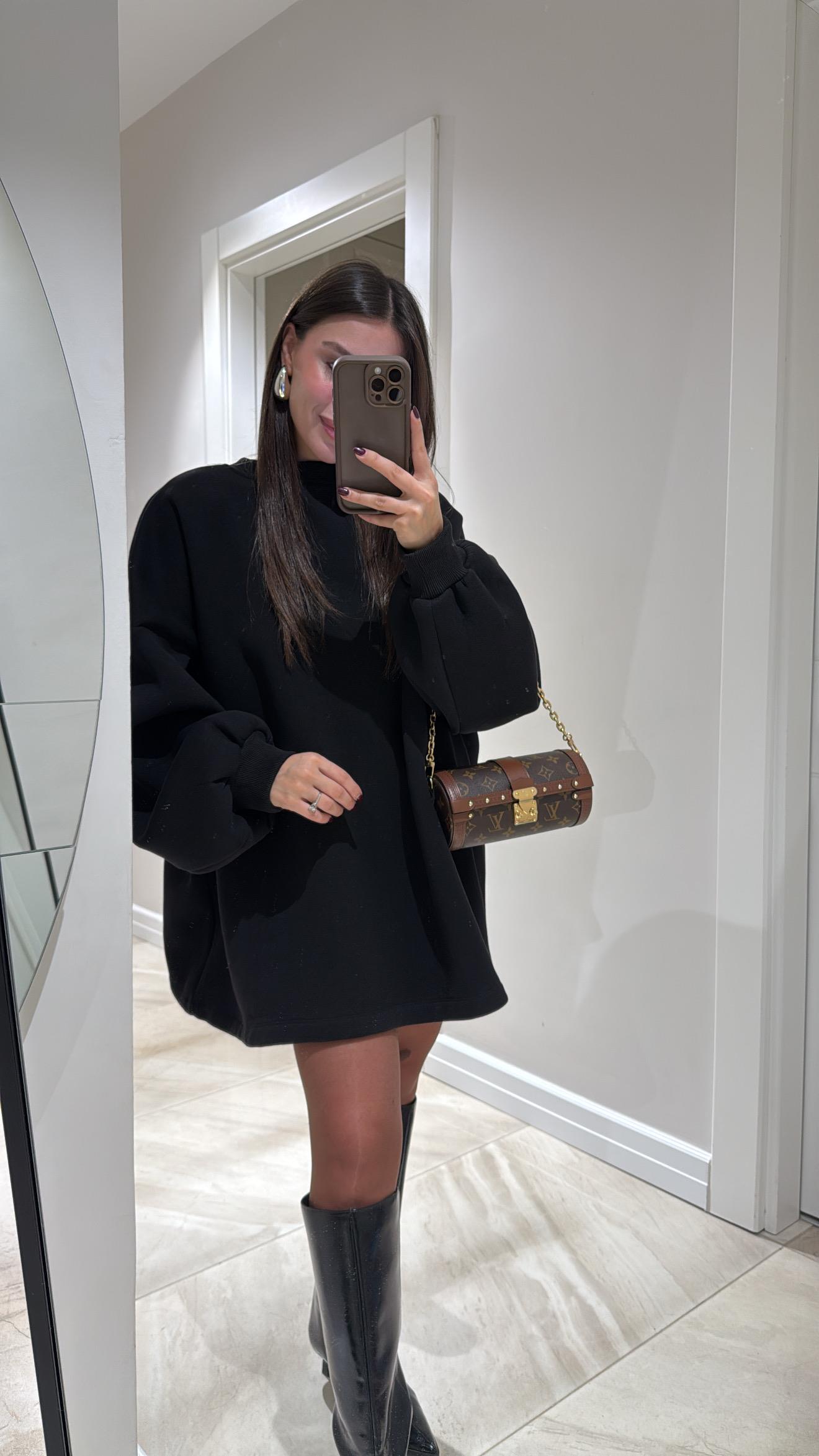 Siyah Balon Kol Modal Kumaş Sweat