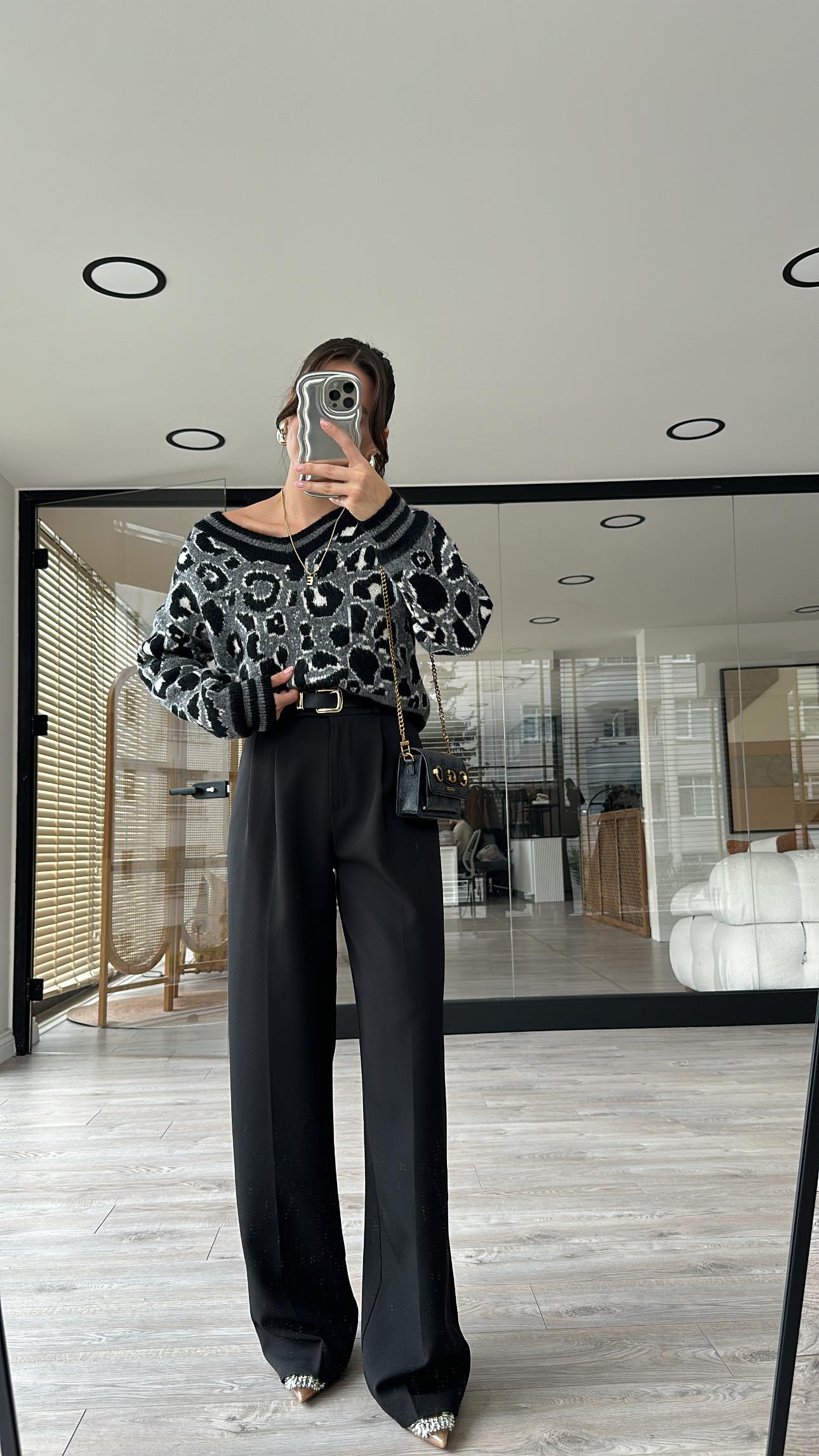 Siyah Bel Detaylı Premium Palazzo Pantolon