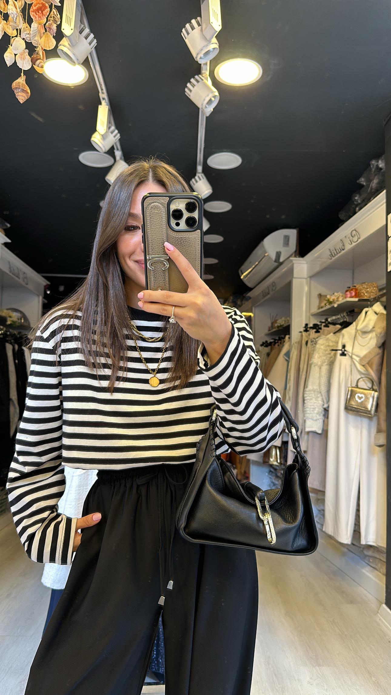 Siyah Beyaz Çizgili Basic Sweat