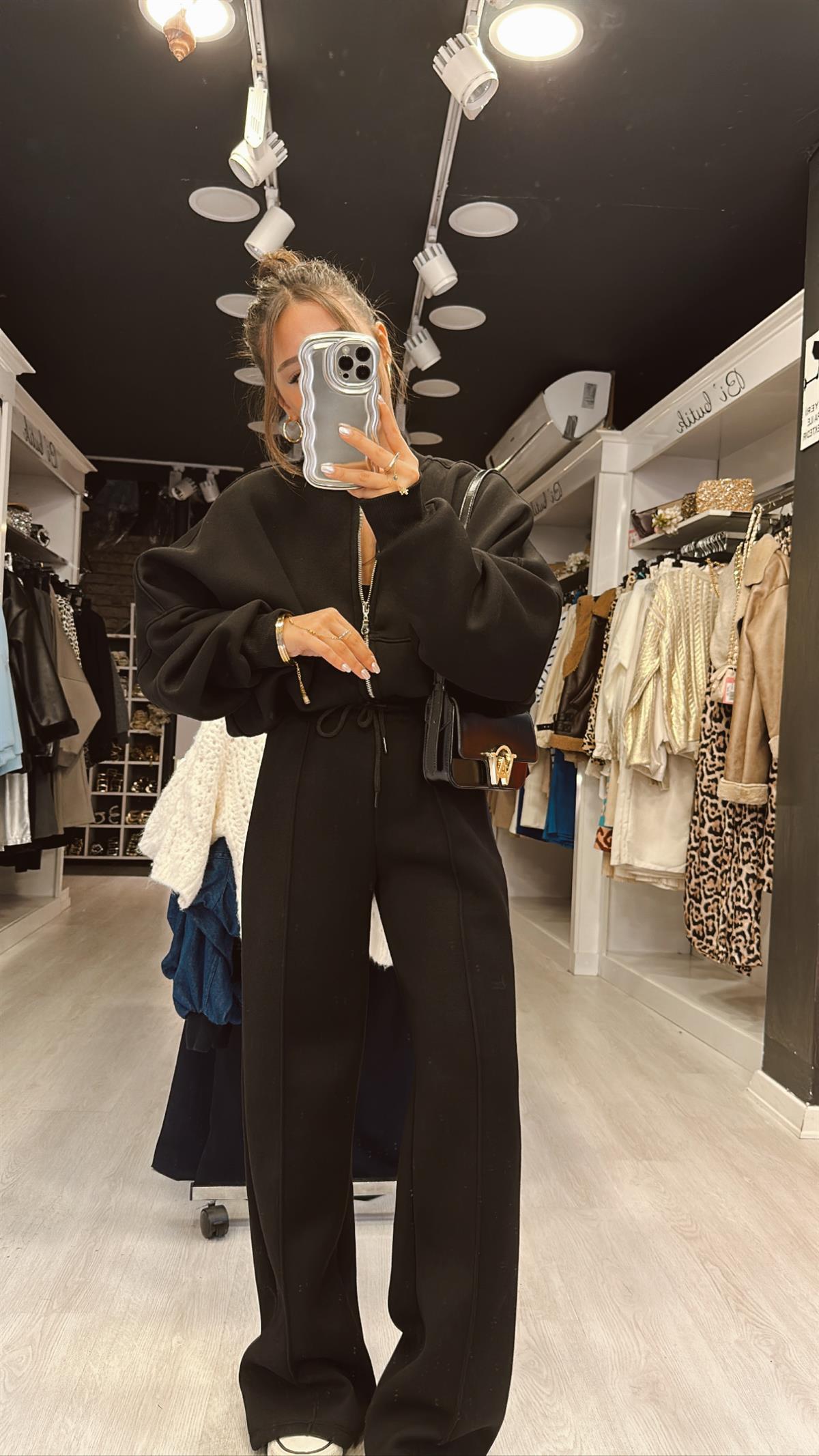 Siyah Bisiklet Yaka Fermuarlı Sweat Takım