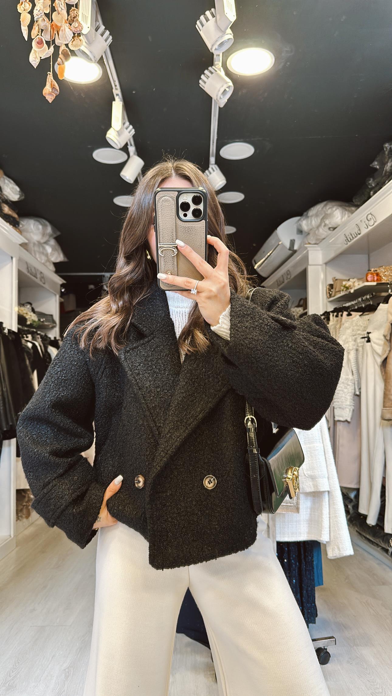 Siyah Buklet Crop Kaban 